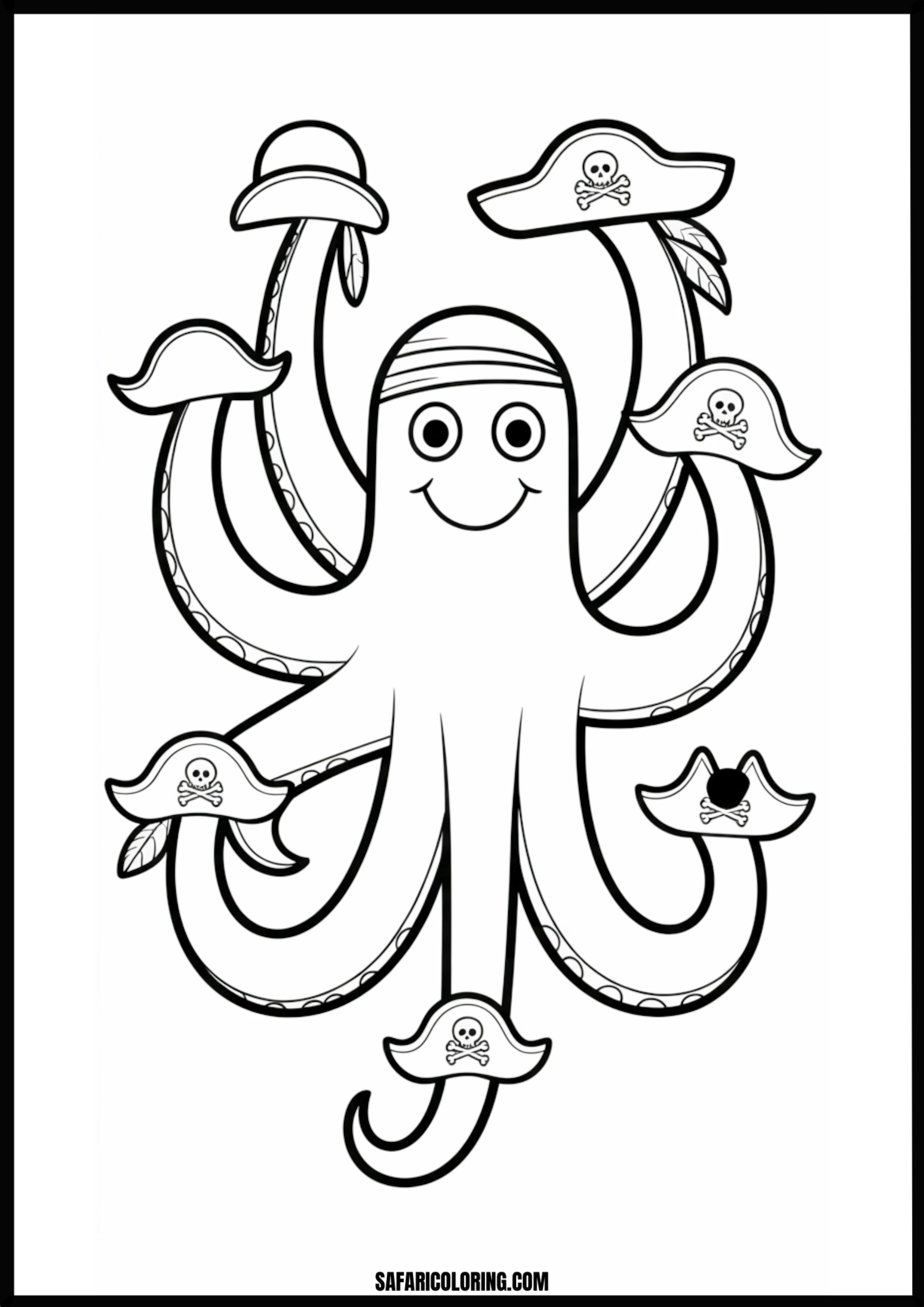 Pirate Octopus With Hats Printable Coloring Sheet An outline drawing of a pirate octopus for coloring.