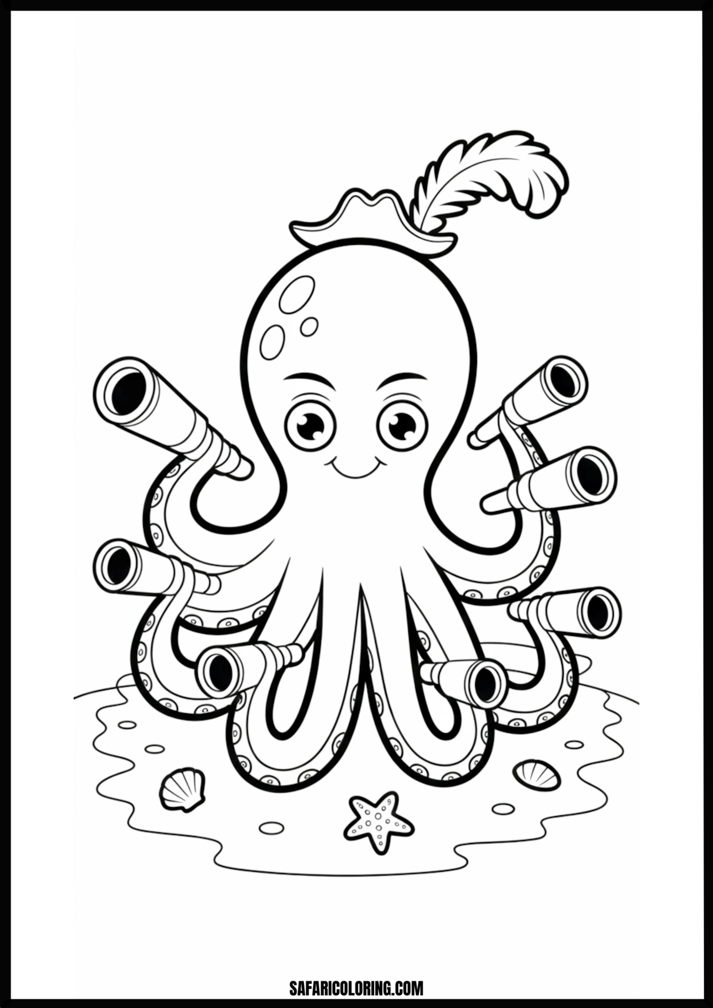 Pirate Octopus With Six Spyglasses Printable Coloring Sheet An outline drawing of a pirate octopus for coloring.
