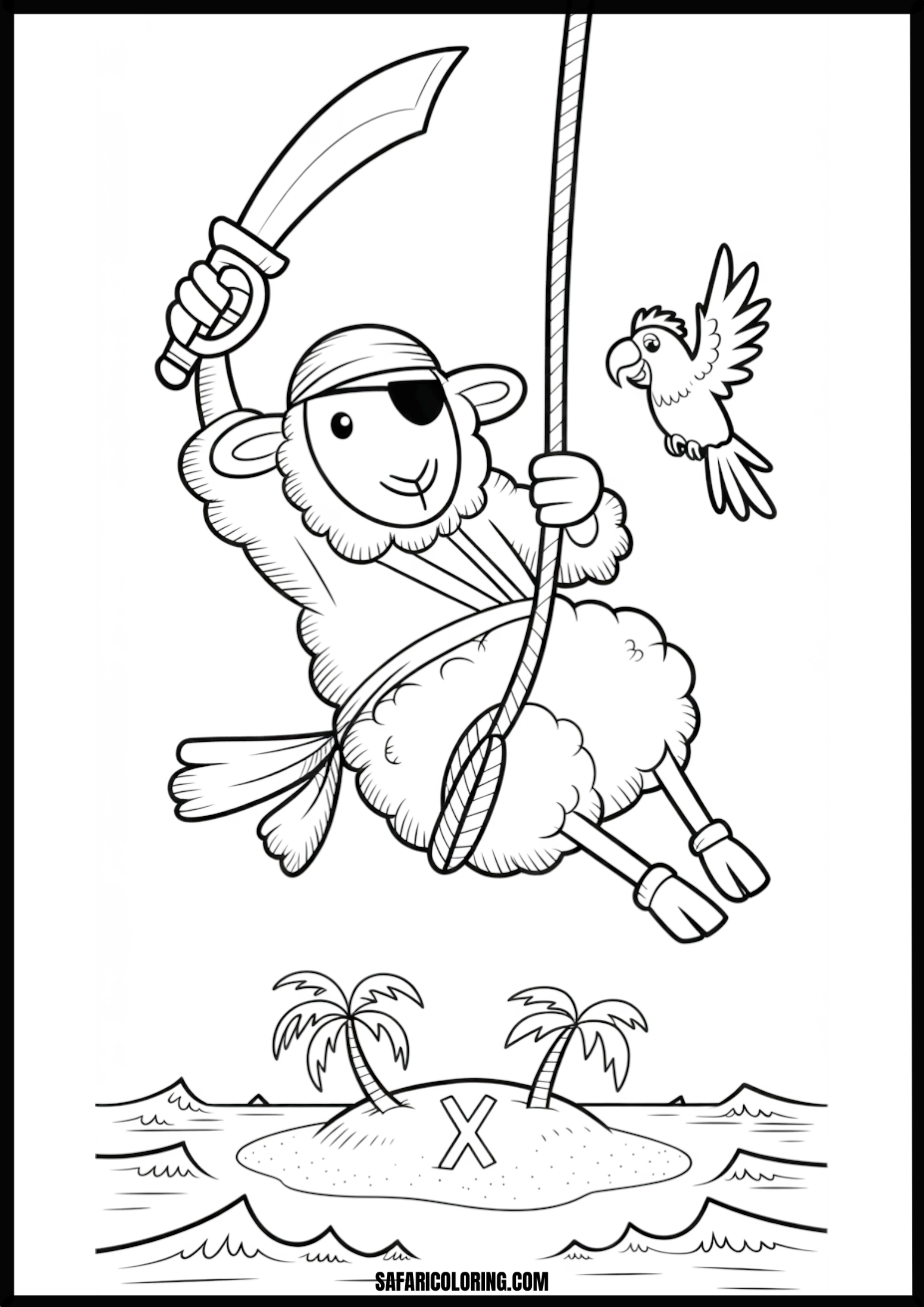 Pirate sheep swinging with a parrot over a treasure island.