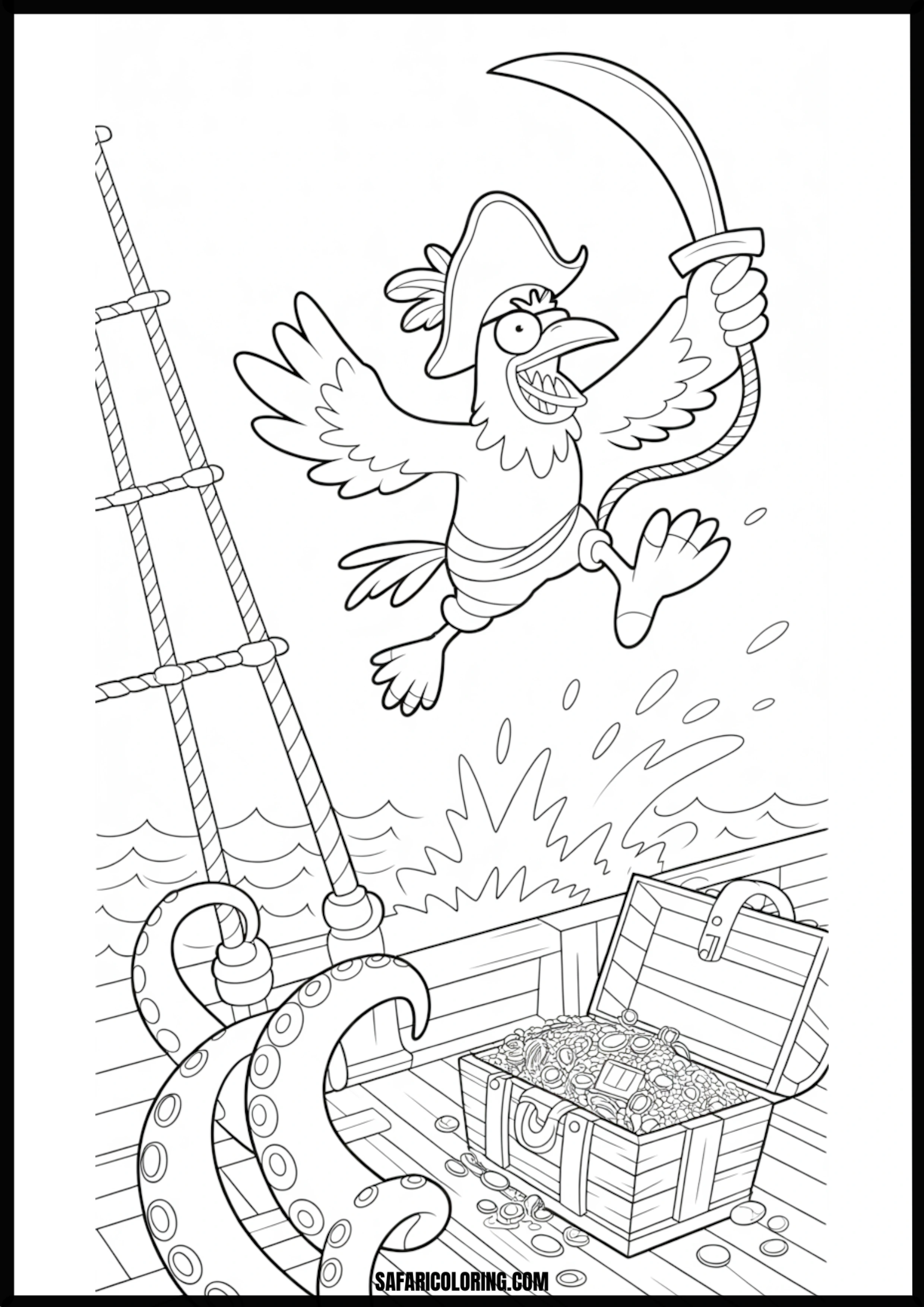 Pirate bird battling a kraken for golden treasure