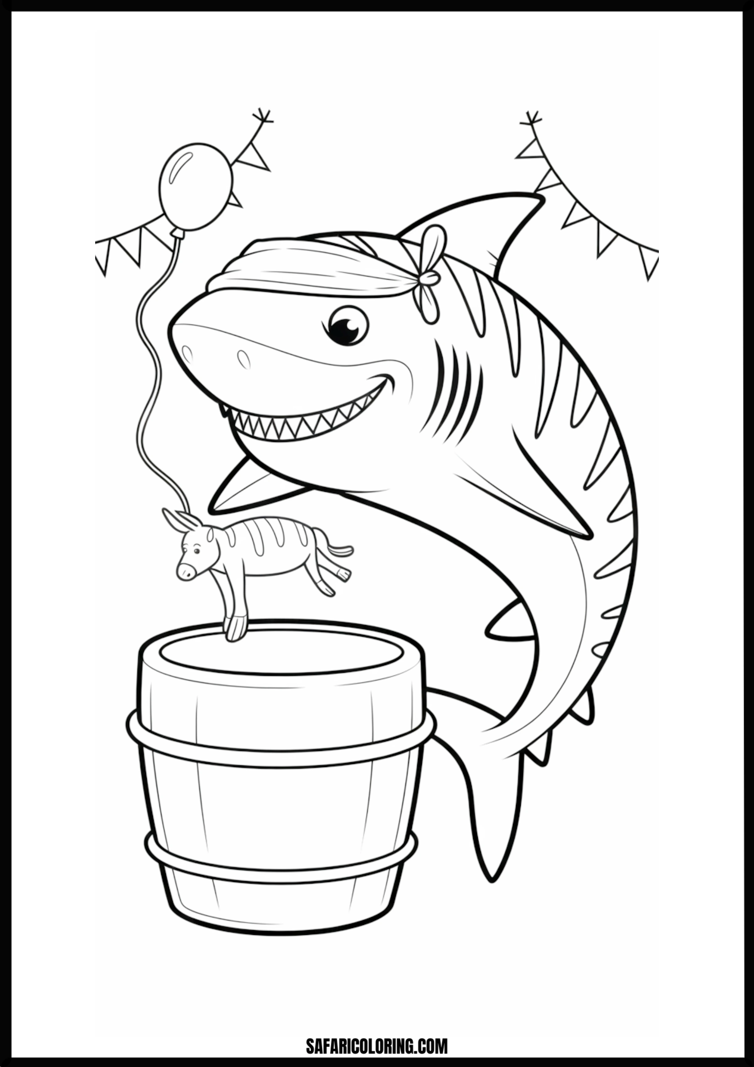 Pirate Shark Donkey Barrel Game Coloring Page Pirate shark playing a festive donkey barrel game