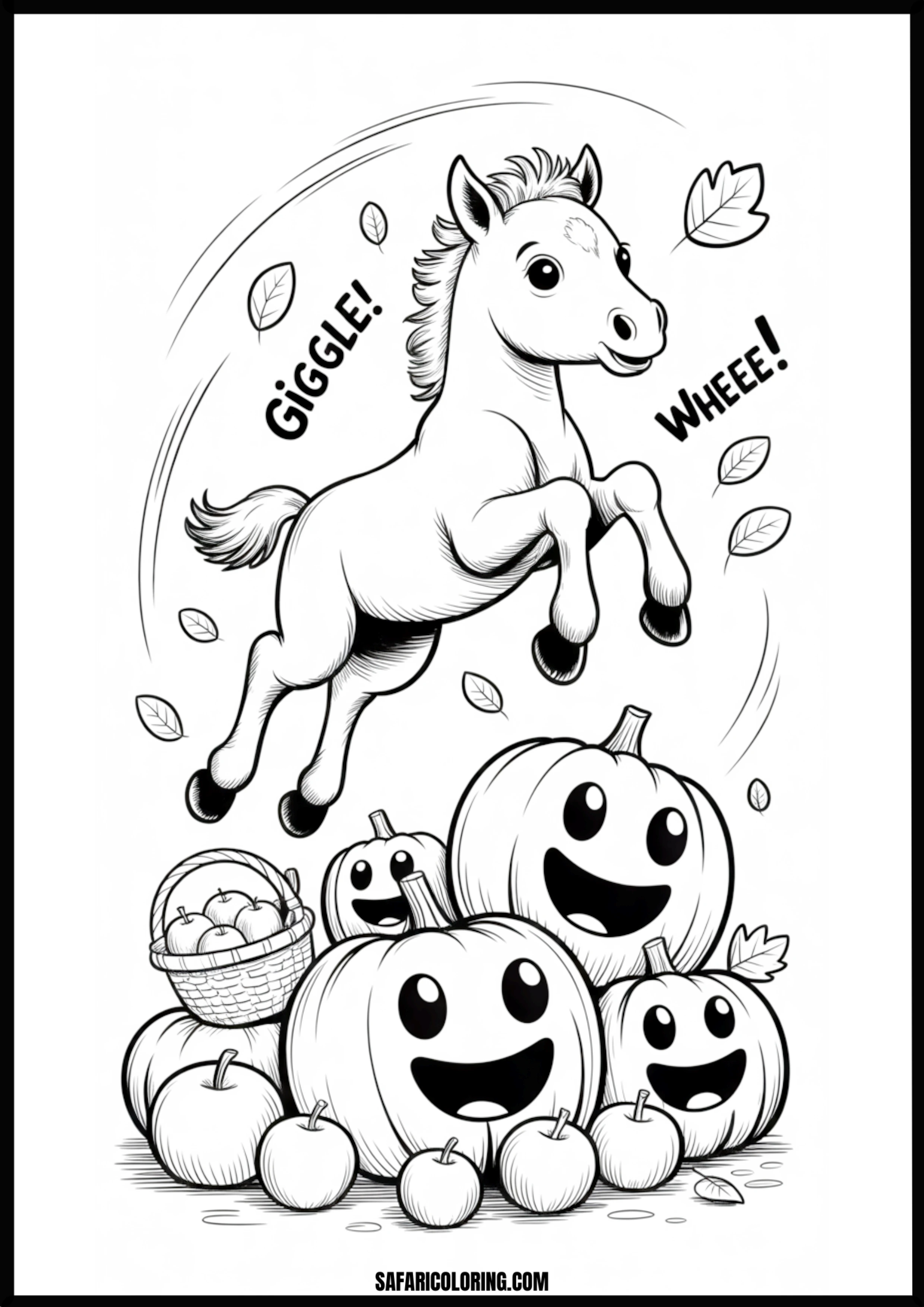 Playful pony and smiling pumpkins coloring page