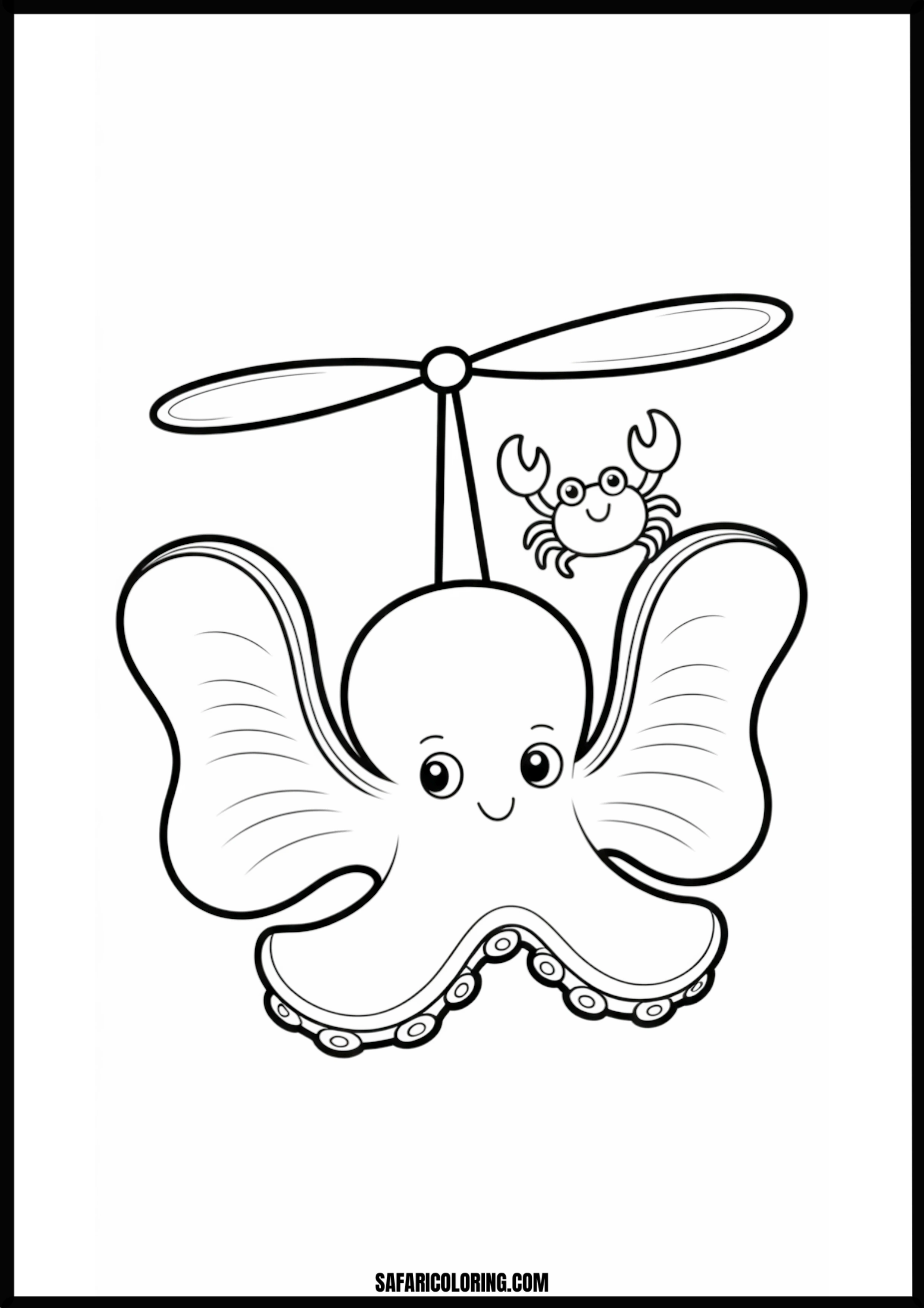 Propeller Octopus & Crab Flying Printable Coloring Sheet An outline drawing of a octopus flying propeller crab for coloring.