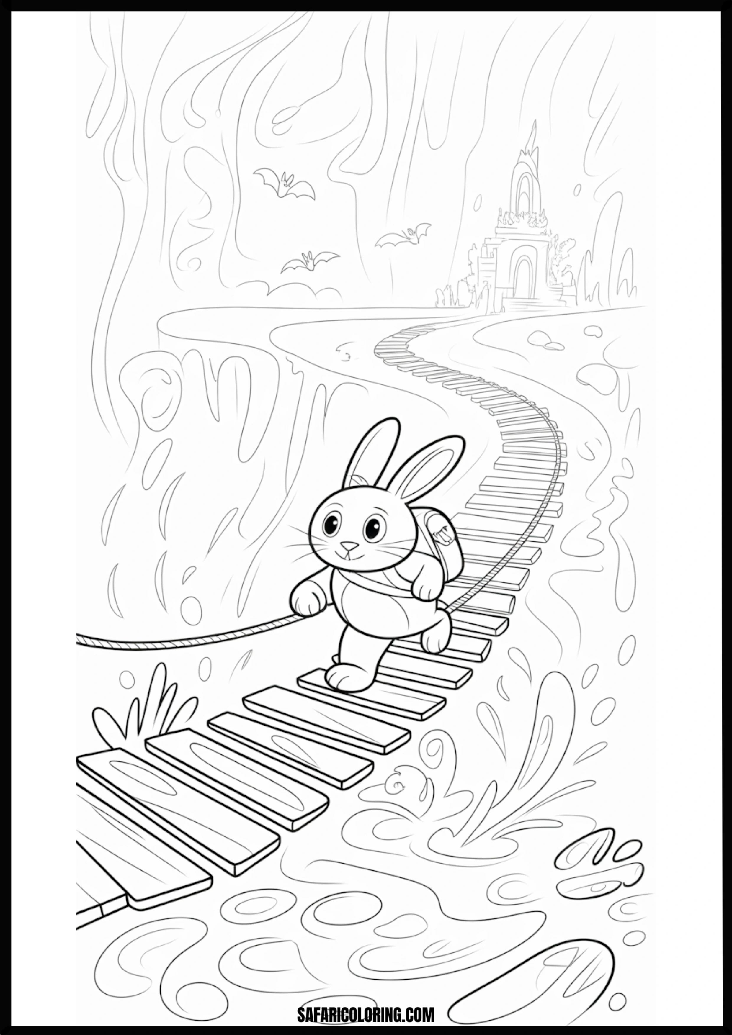 Adventurous rabbit explorer crossing a bridge in a bat cave towards a castle.