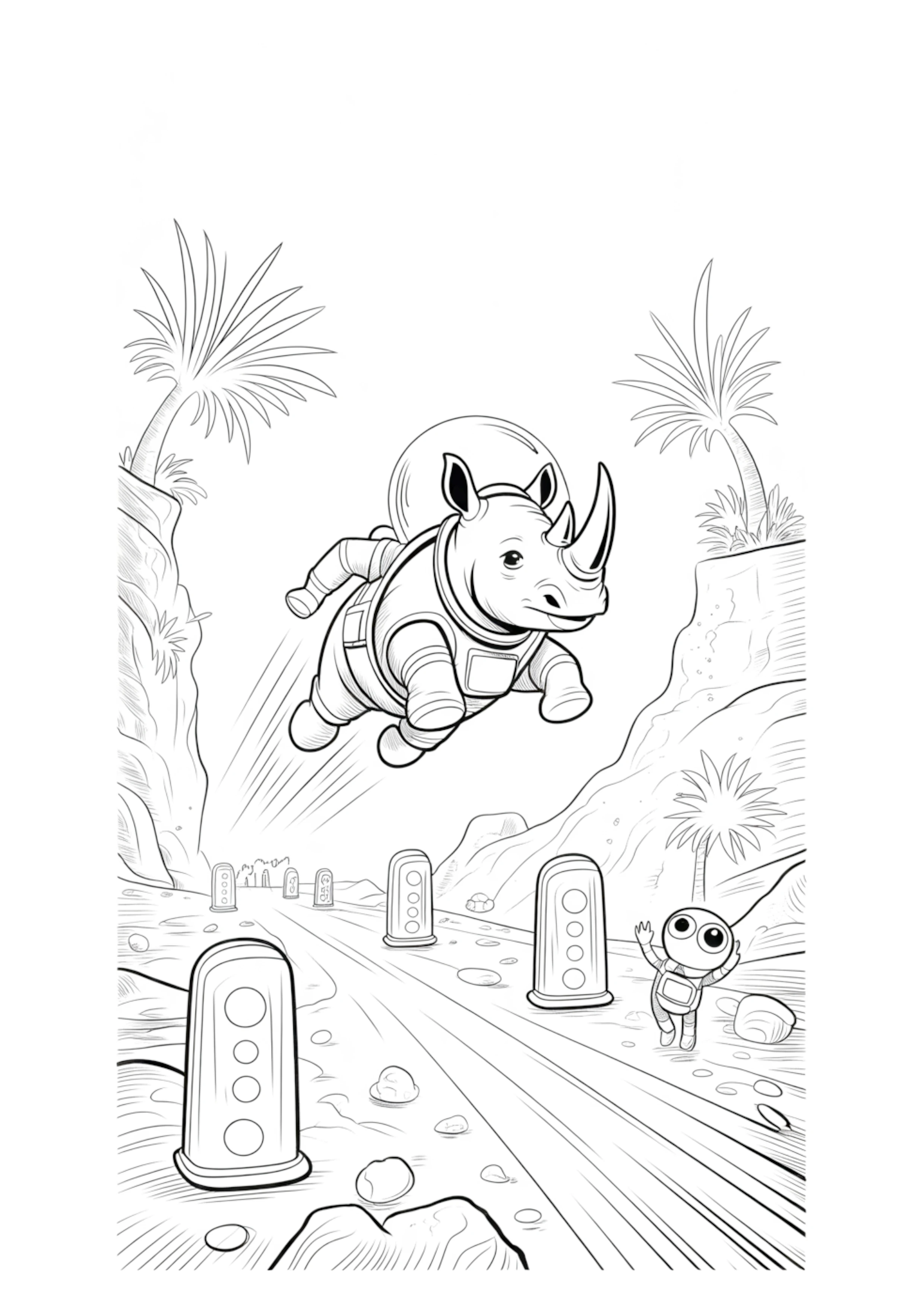 Futuristic rhino flying a vehicle in a desert race, passing an alien.