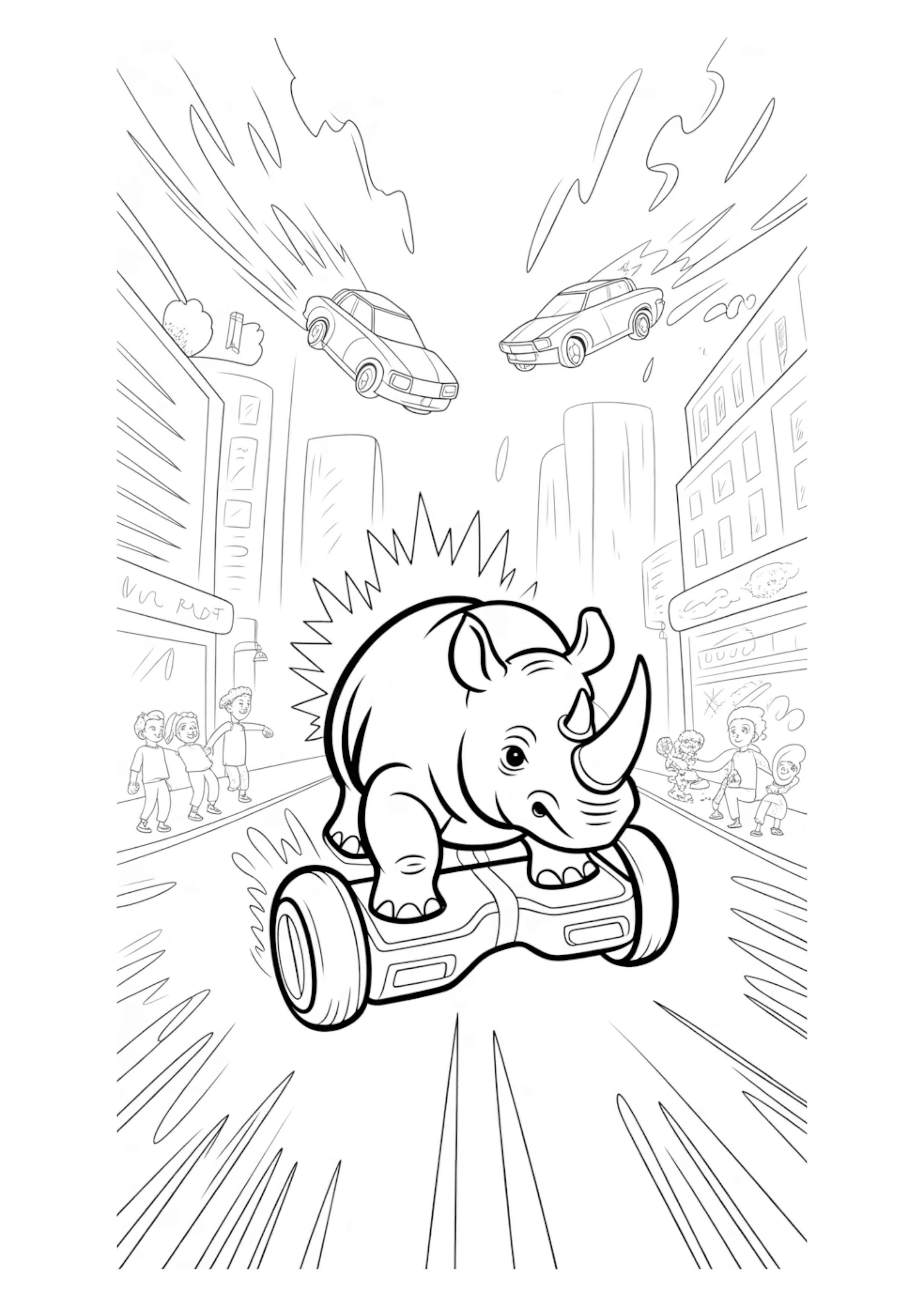 Rhino on a hoverboard speeding through a futuristic city street.