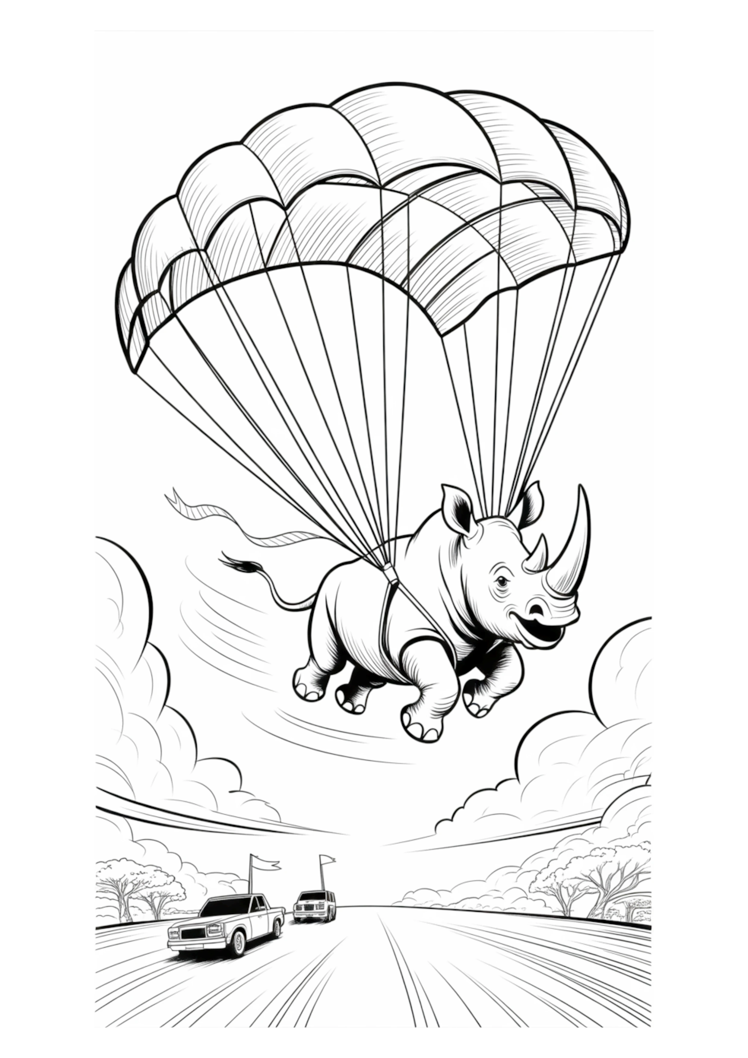 Rhino parachuting high above a winding road in a landscape.