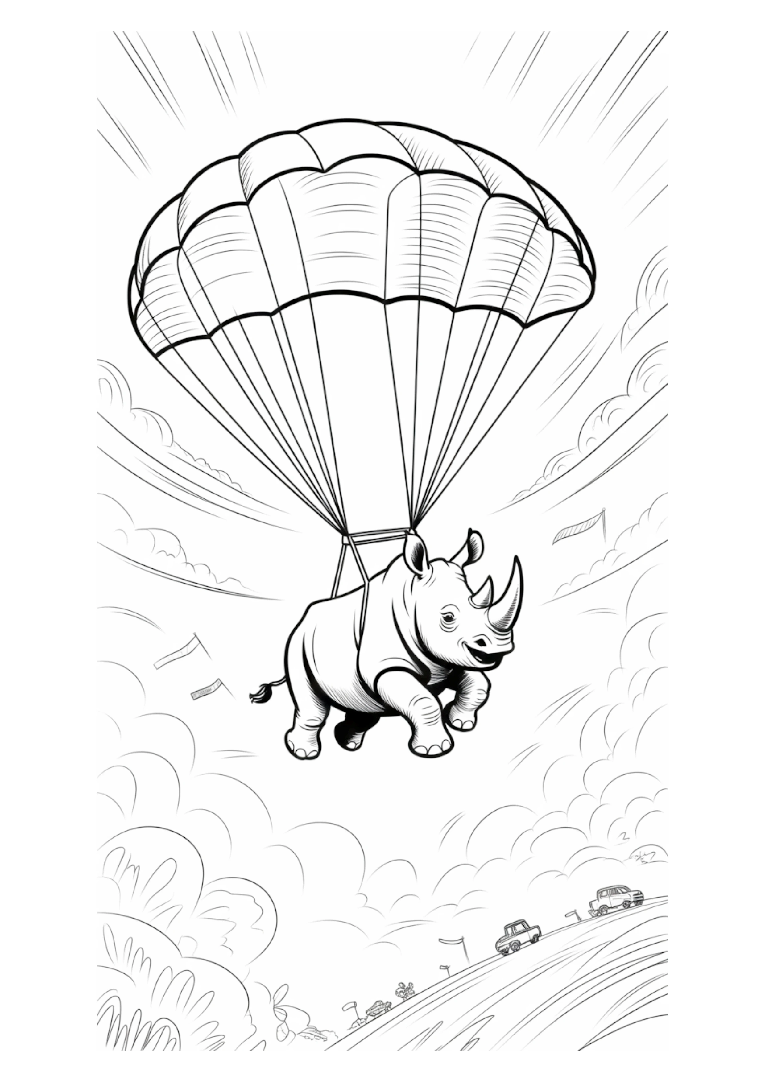 Rhino parachuting over a road, viewed from a slightly lower angle.