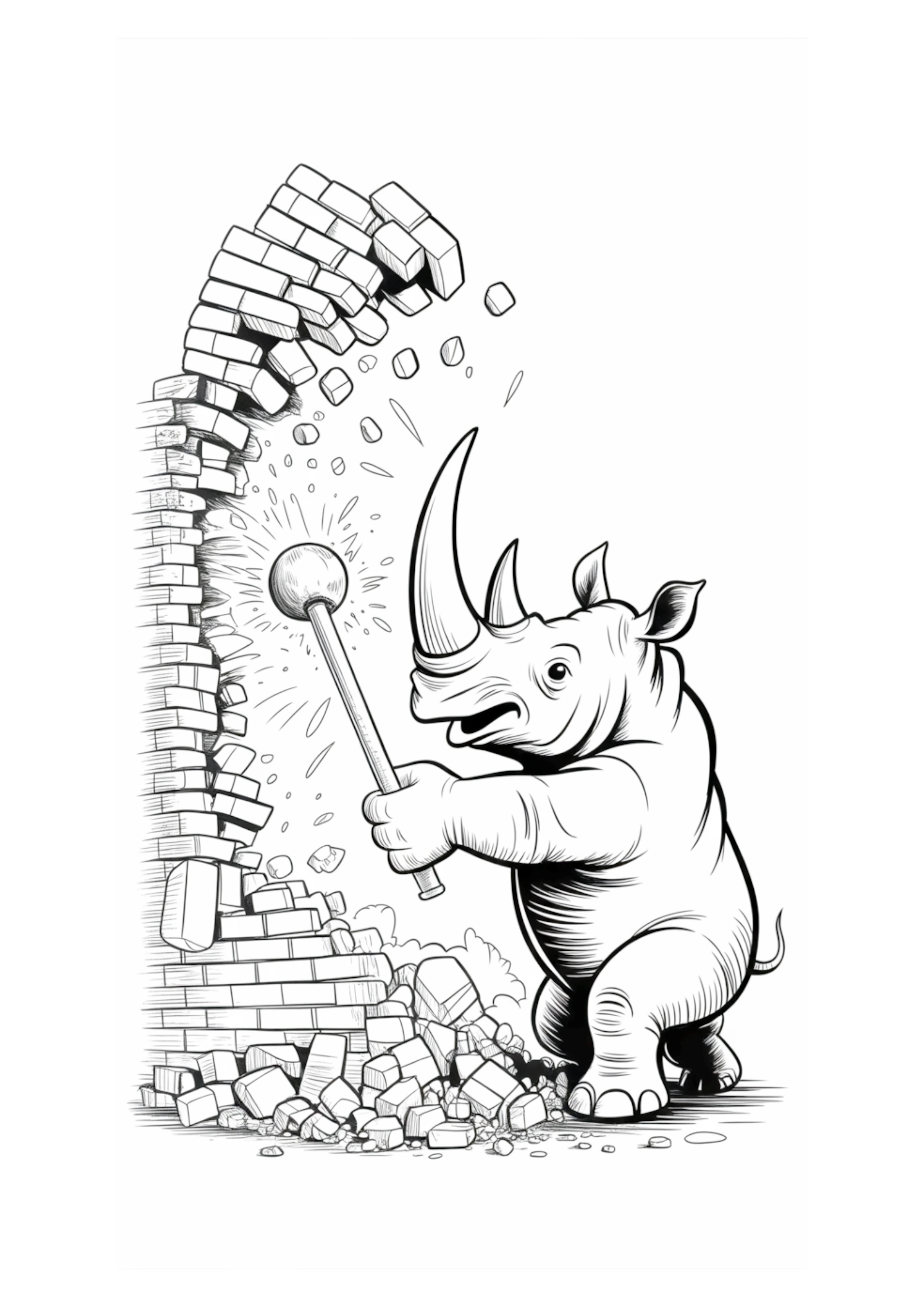 Strong rhino smashing a brick wall with a large mallet.