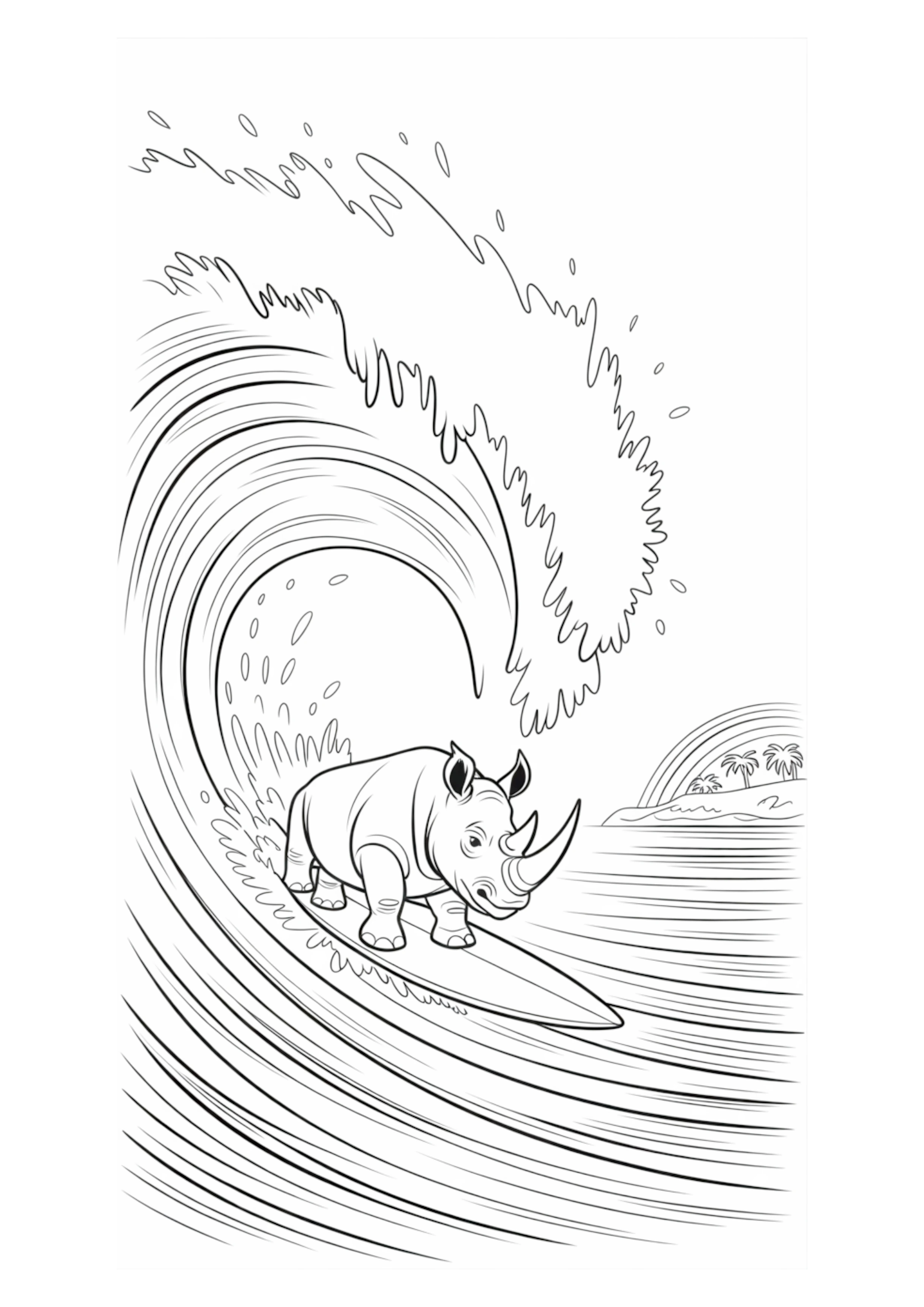 Rhino surfing a big ocean wave with a surfboard.