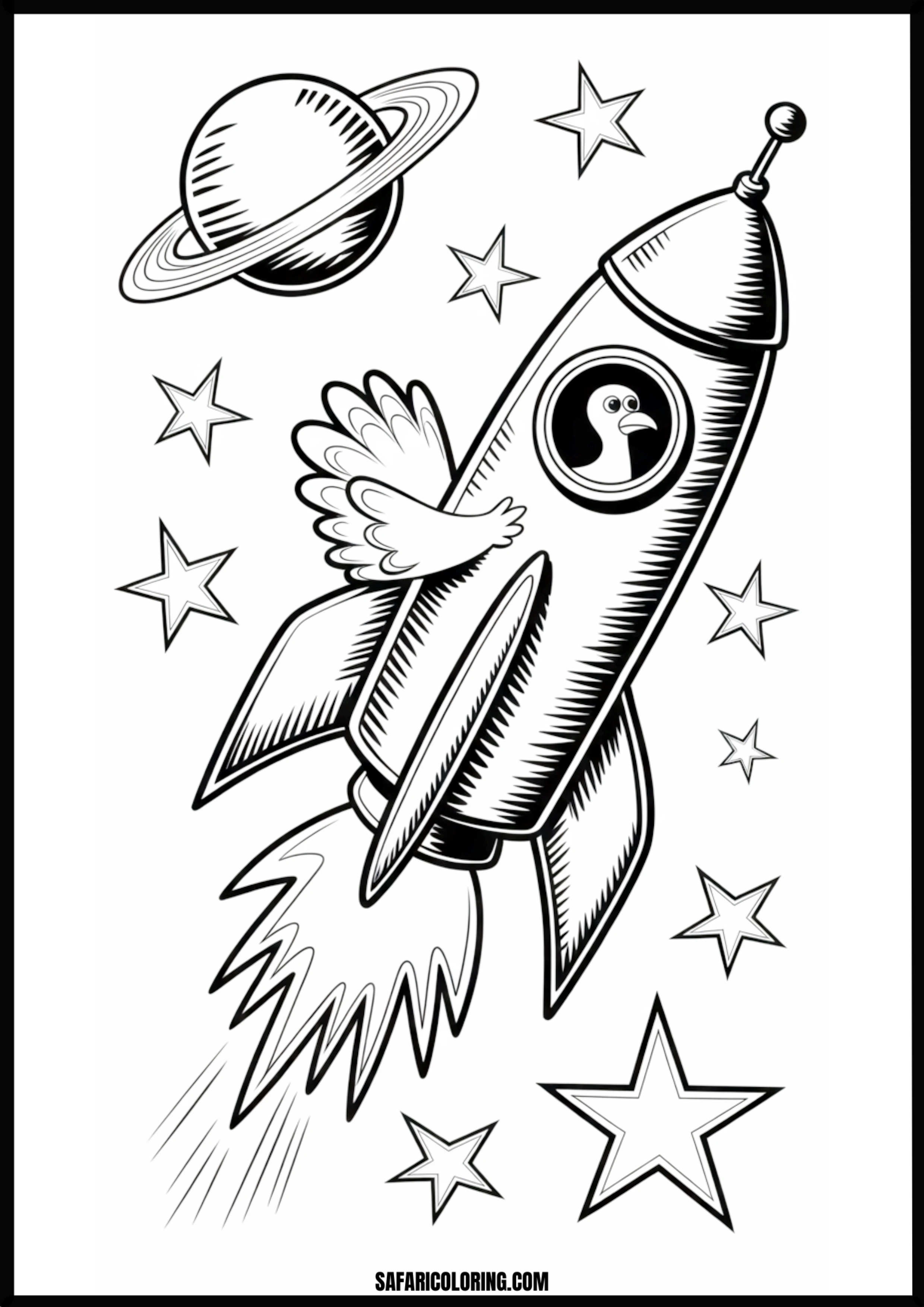 Cartoon penguin and bird launching a rocket