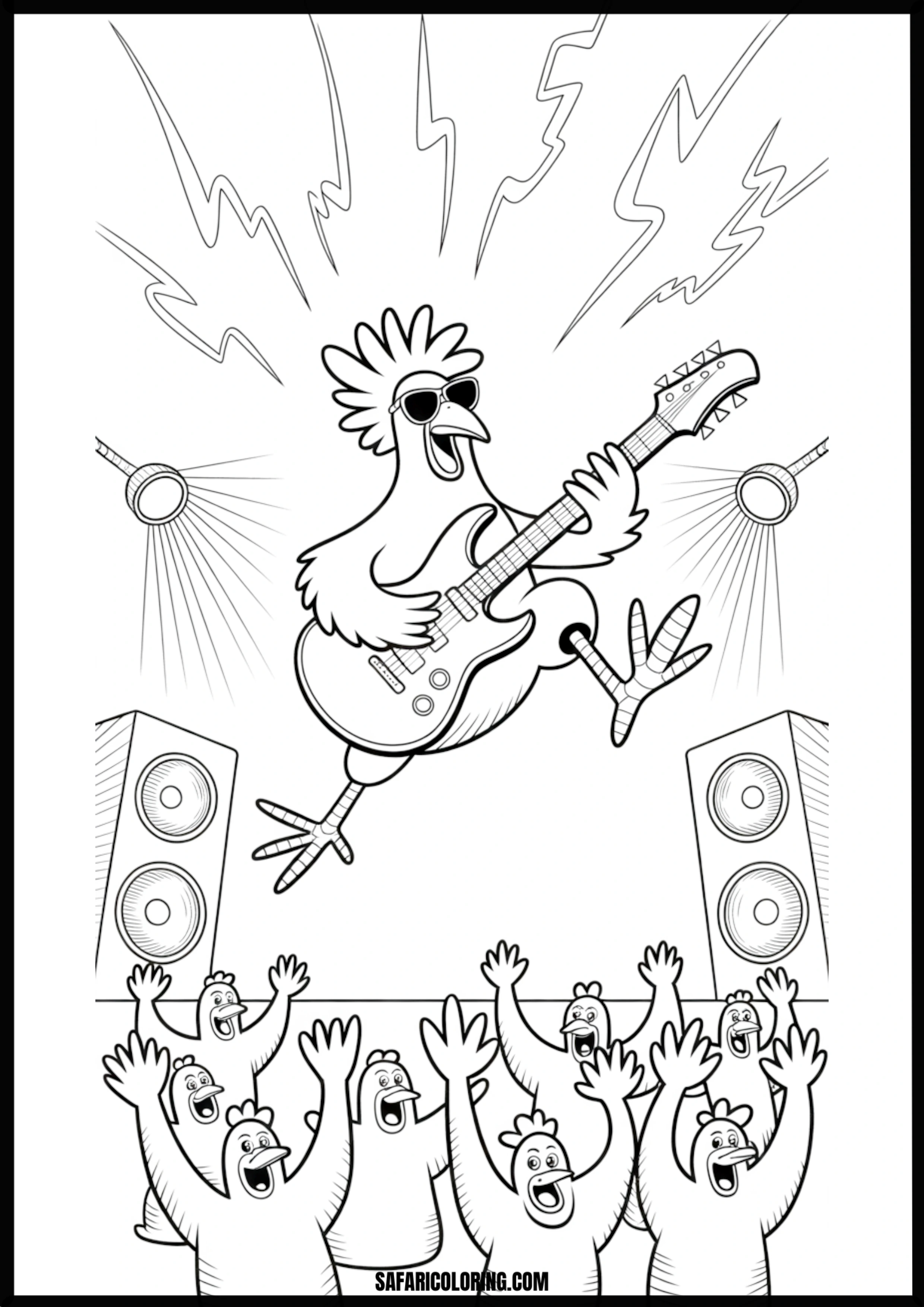 Rocking rooster performing a concert for a cheering chicken crowd