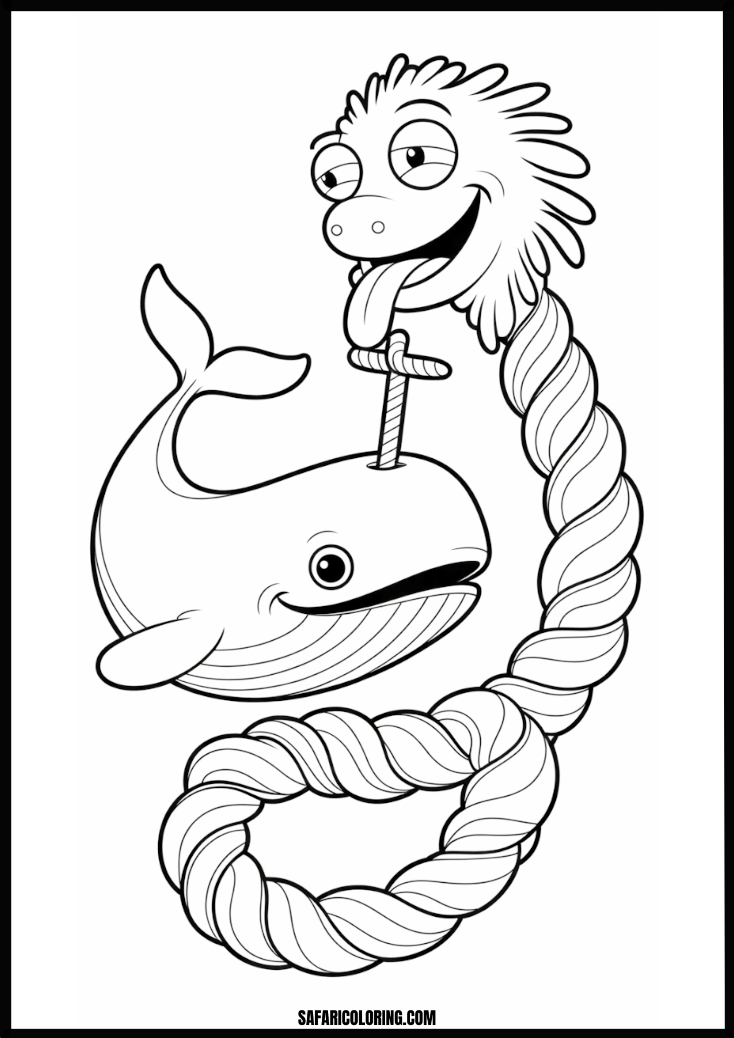 Rope Monster Anchors Whale Coloring Page Coloring page of a whale being anchored by a rope monster.