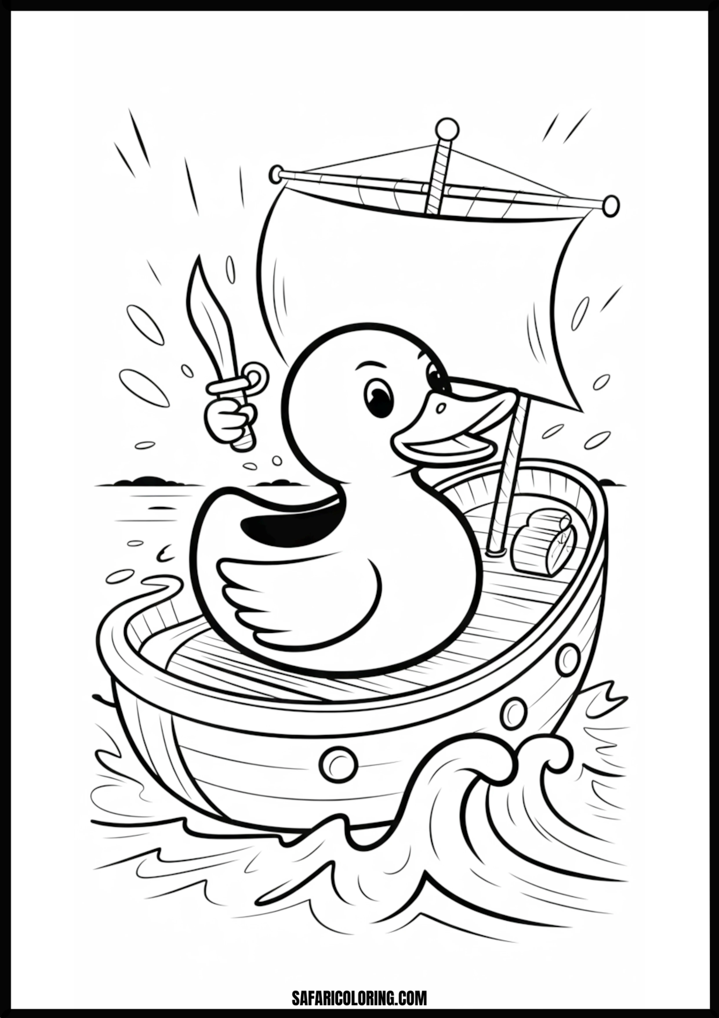 Rubber duck pirate sailing in a boat.