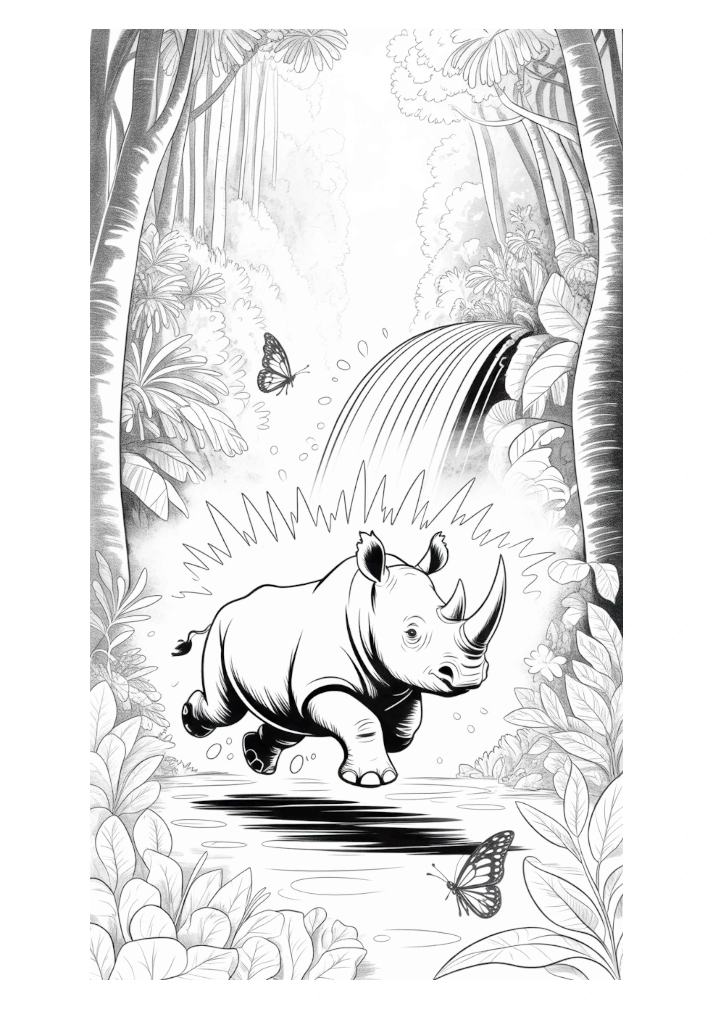 Powerful rhino running through a dense, tropical jungle.