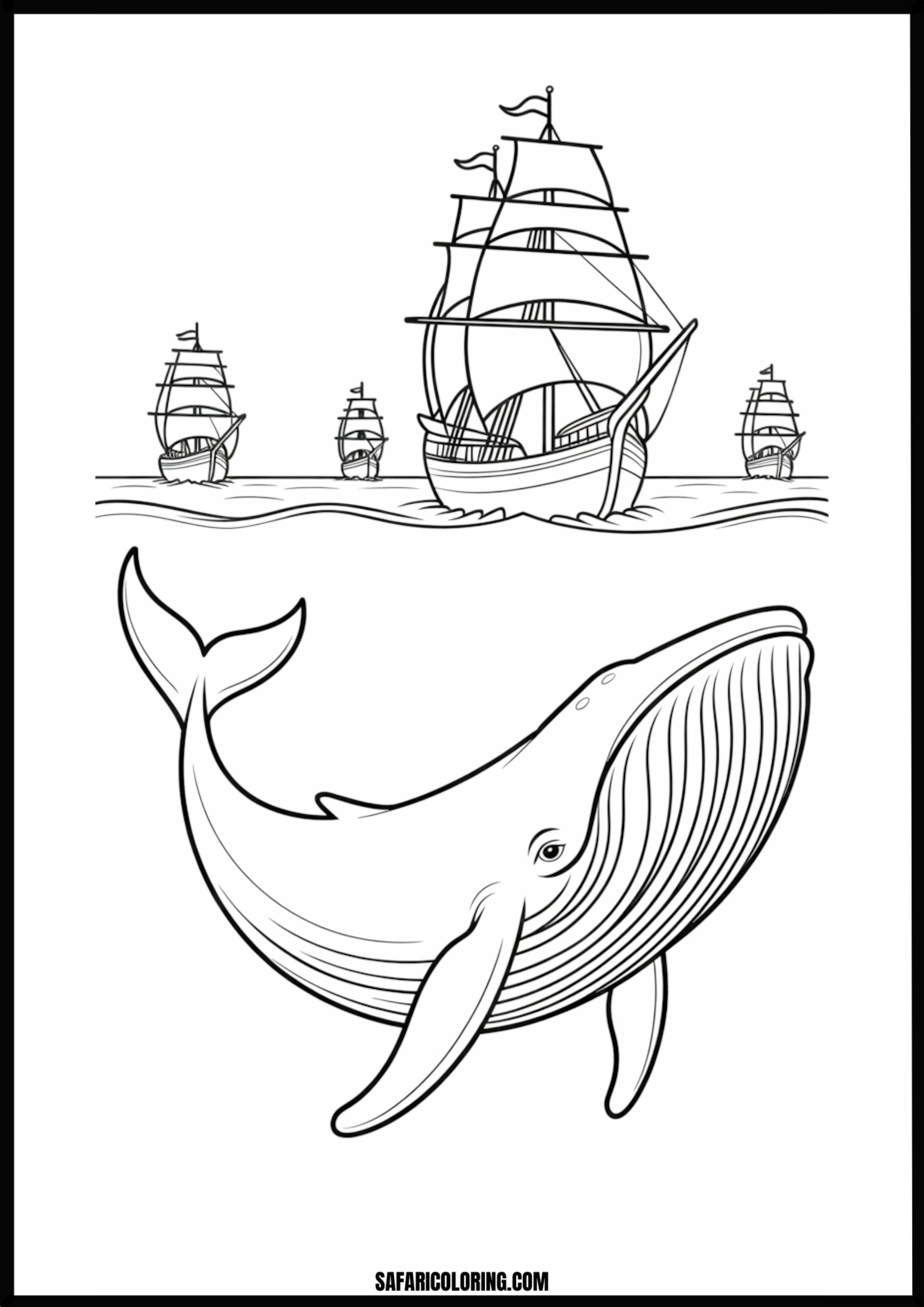 Sailing Ships and Whale Underwater Coloring Page Coloring page of sailing ships on the surface and a whale underwater.