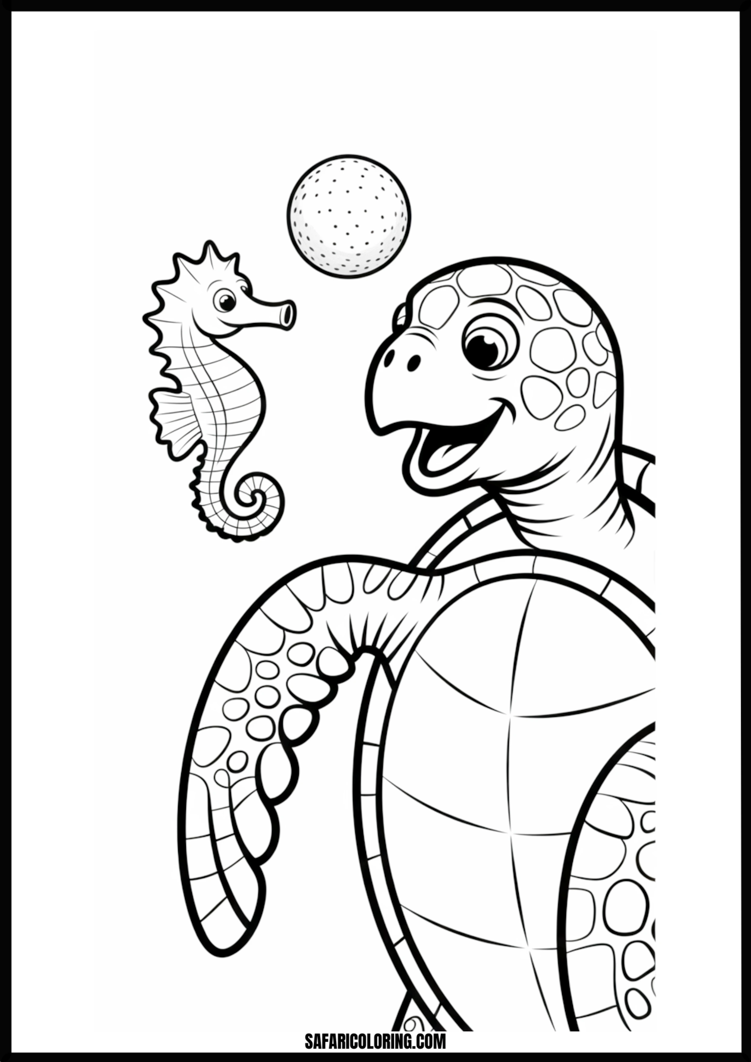 Printable Sea Turtle Seahorse Golf Coloring page of a sea turtle, seahorse, and a golf ball underwater.