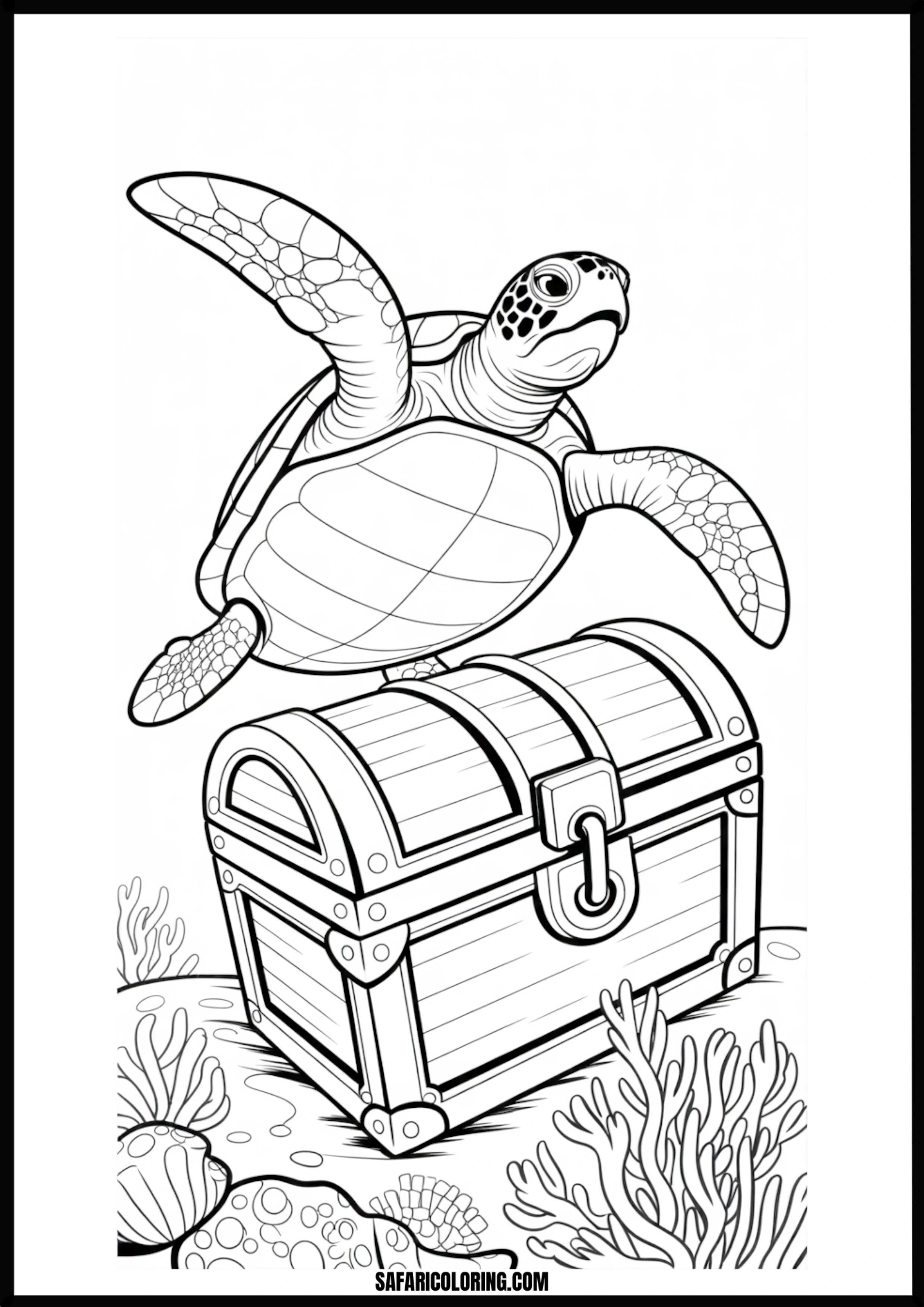 Treasure Hunter Turtle Sea turtle swimming over a treasure chest