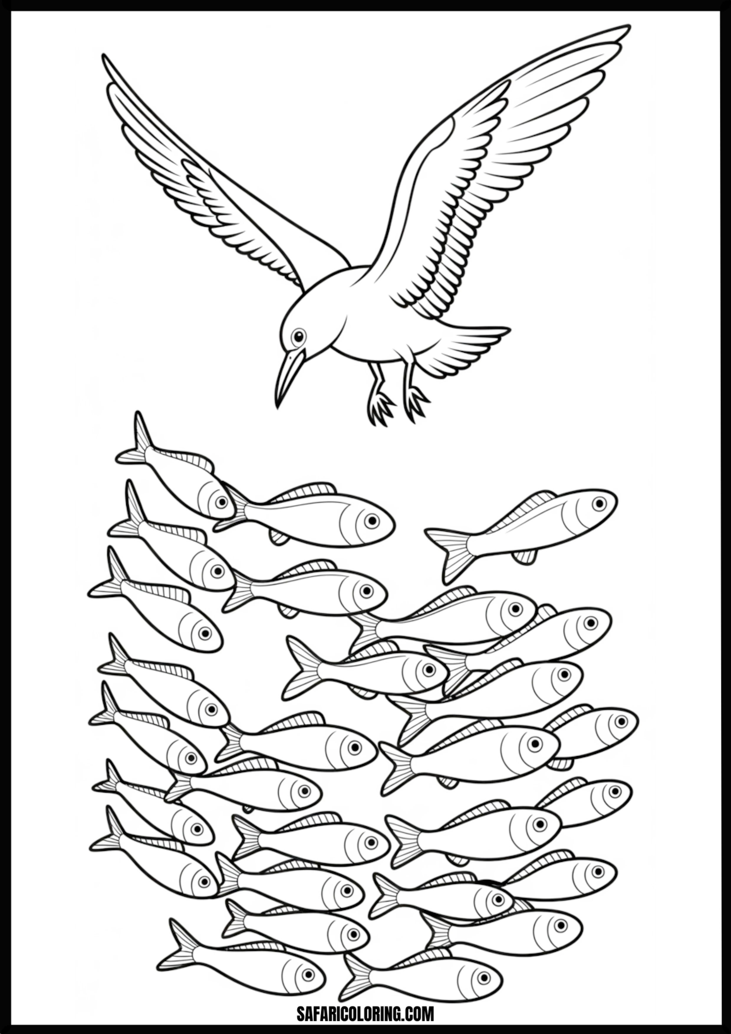 Seagull Hunting School of Fish Coloring Page A seagull swooping down to hunt a school of fish in the water.