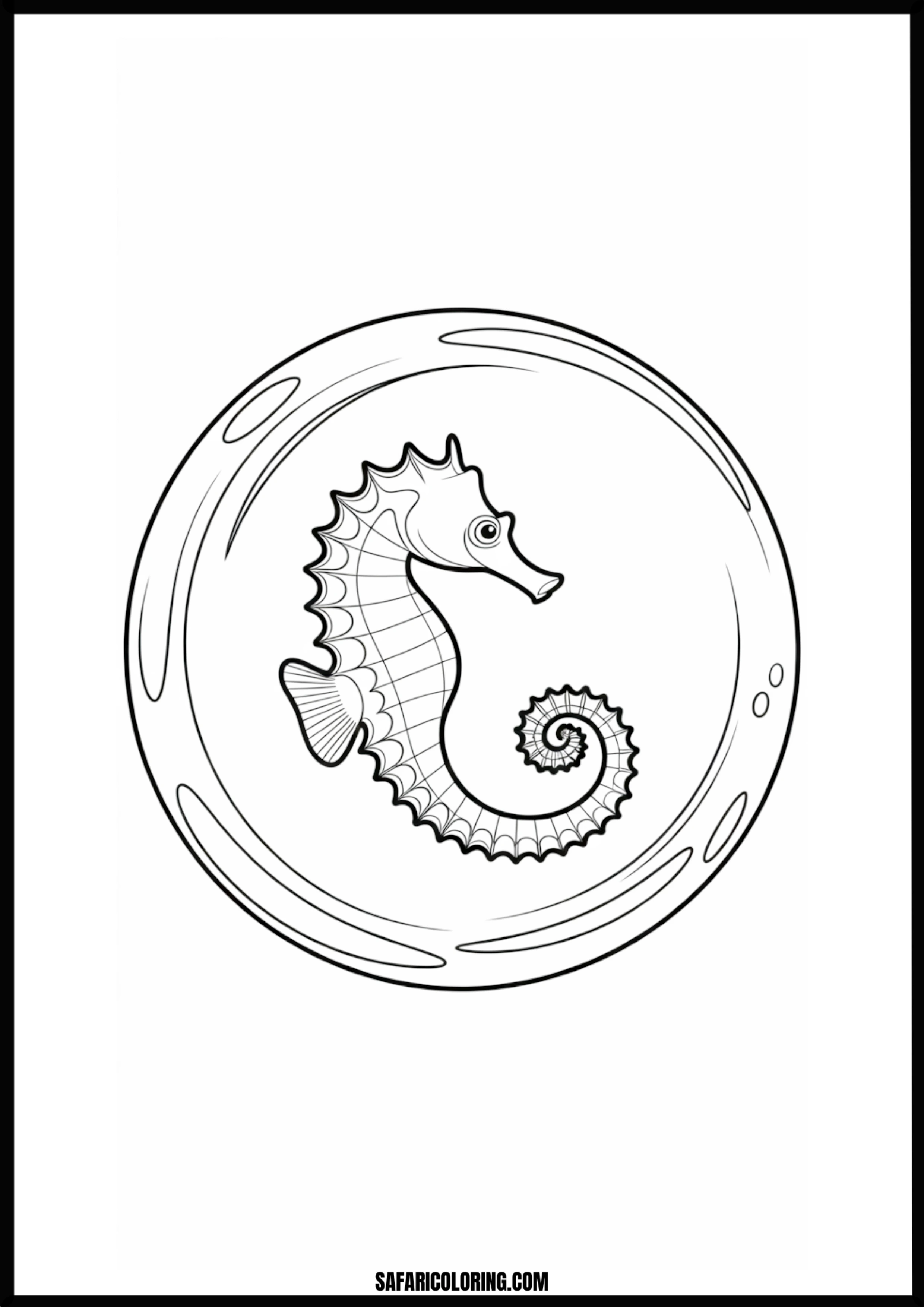 Printable Seahorse Bubble Outline Outline coloring page of a seahorse within a bubble.