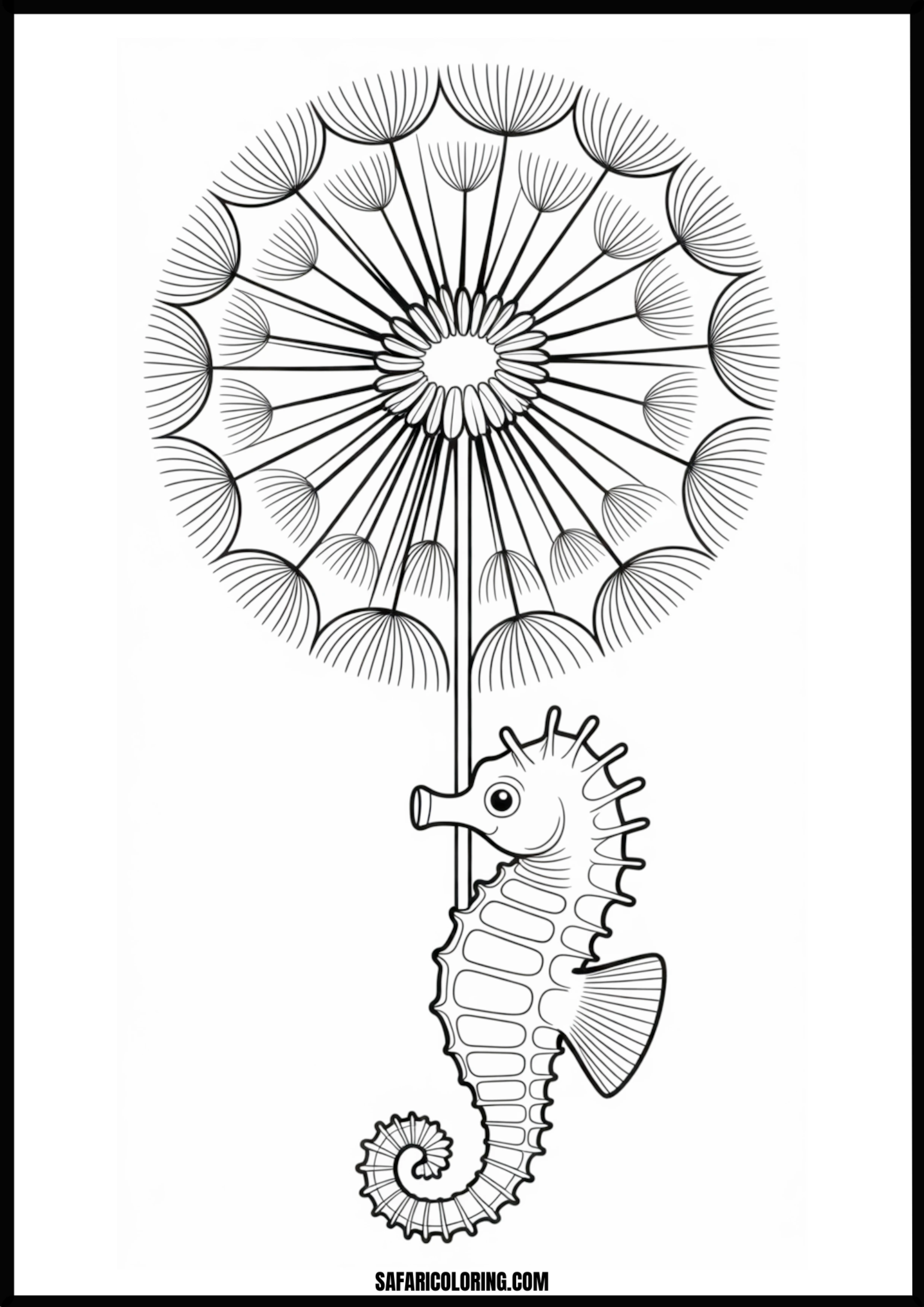 Printable Seahorse Dandelion Fantasy Coloring page of a seahorse with dandelions underwater.