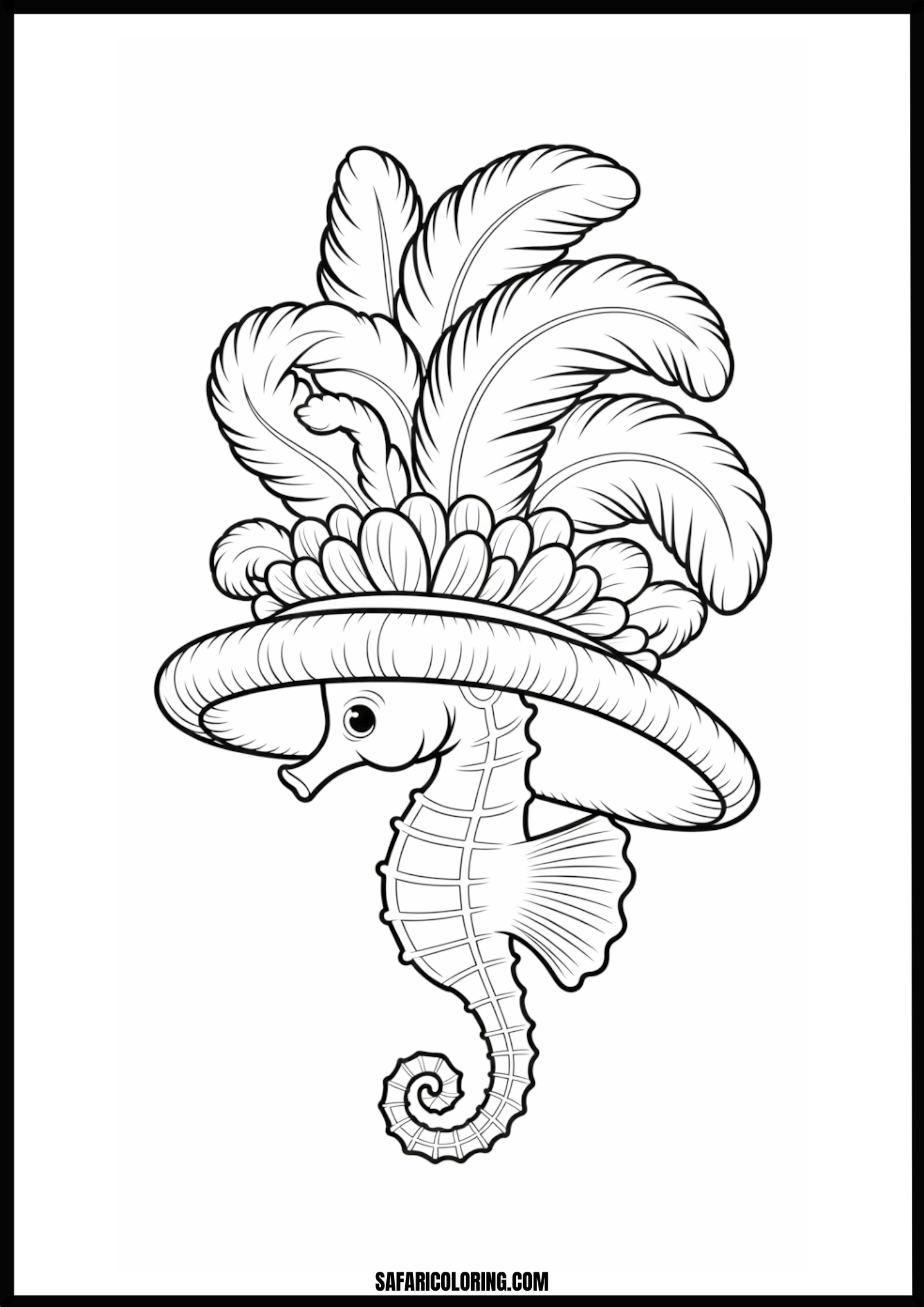 Printable Seahorse with Feathered Hat Coloring page of a seahorse wearing a feathered hat.