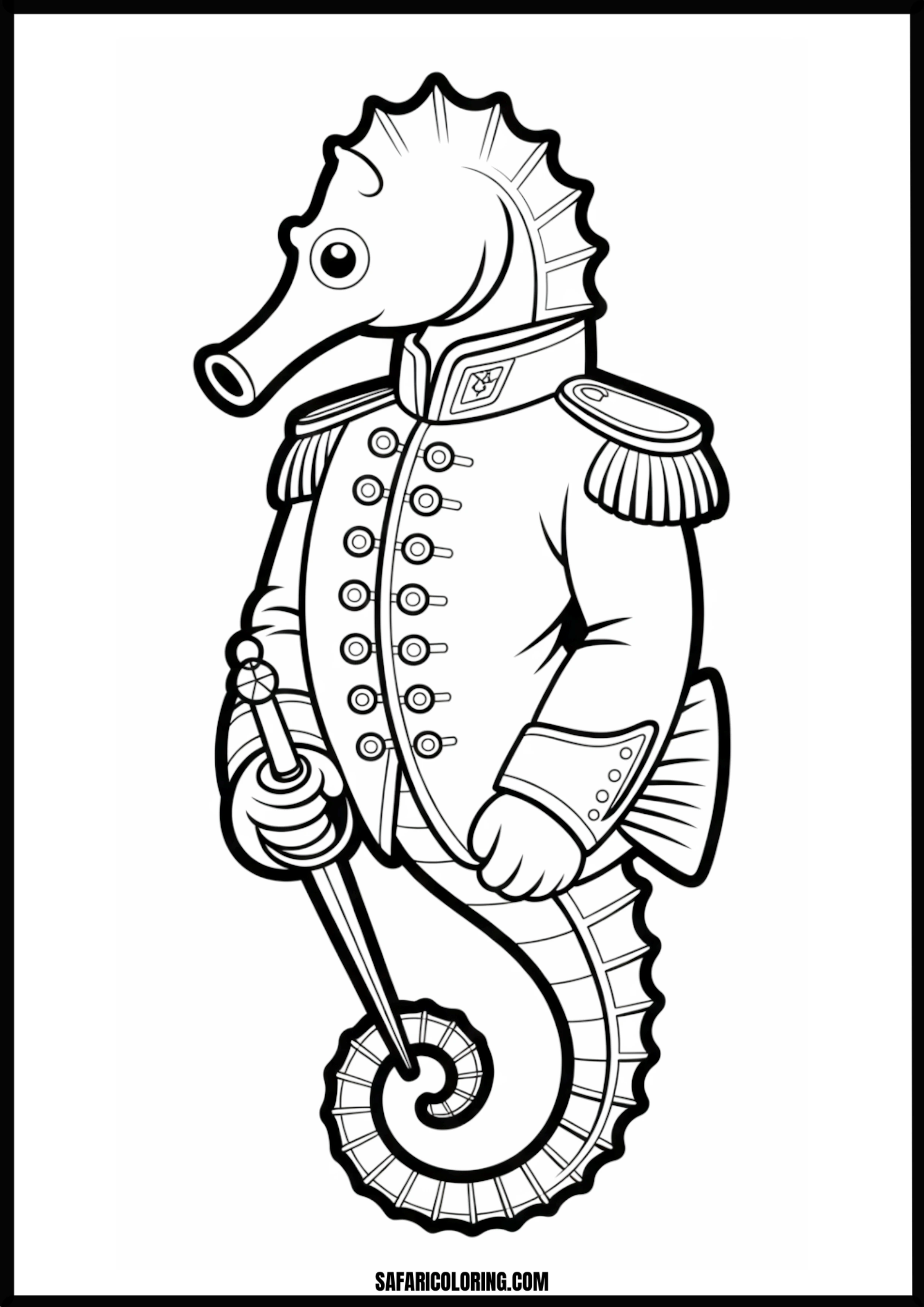 Printable Seahorse General with Sword Coloring page of a seahorse general with a sword.