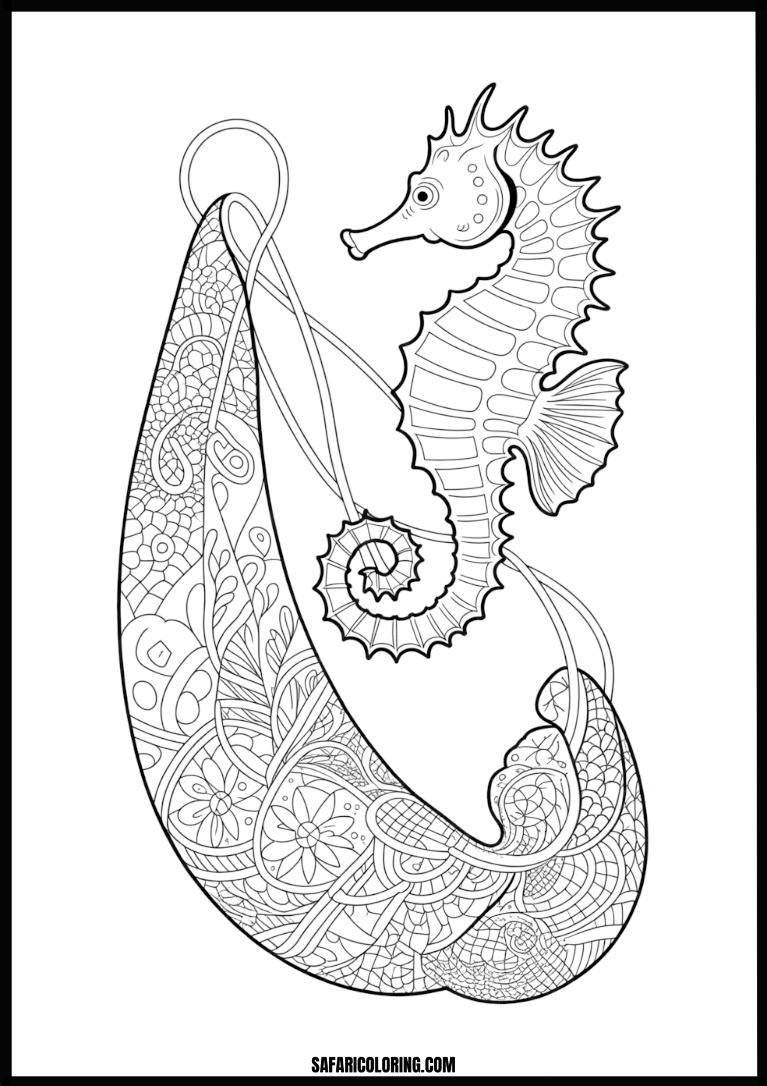 Printable Intricate Seahorse Pattern Coloring page of an intricate seahorse with detailed patterns.