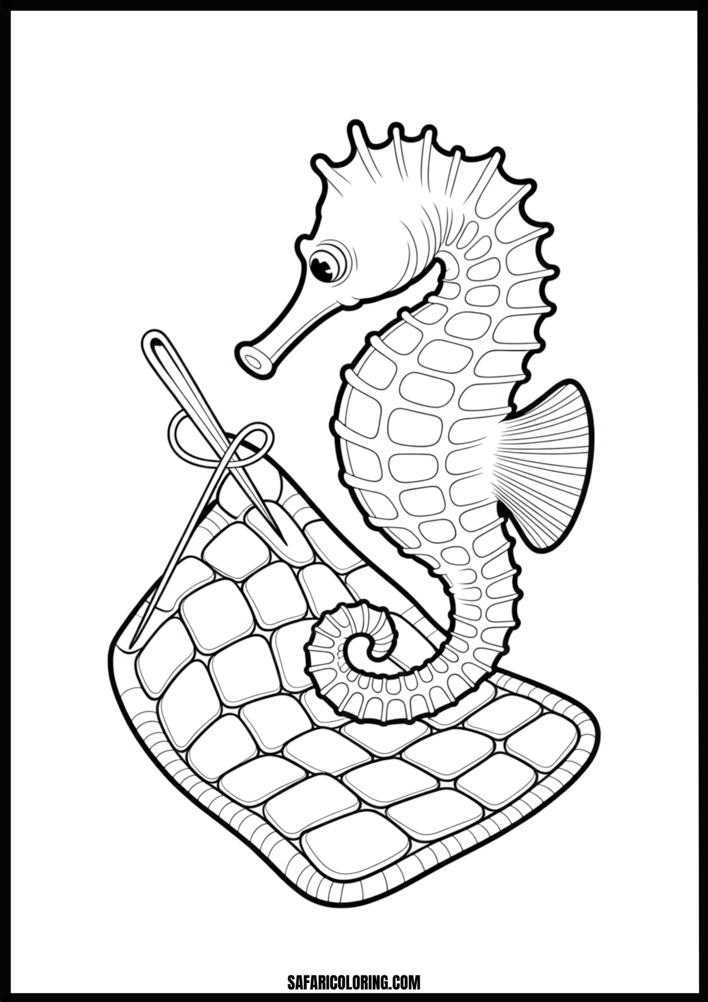 Printable Seahorse Knitting Coloring page of a seahorse knitting a blanket.