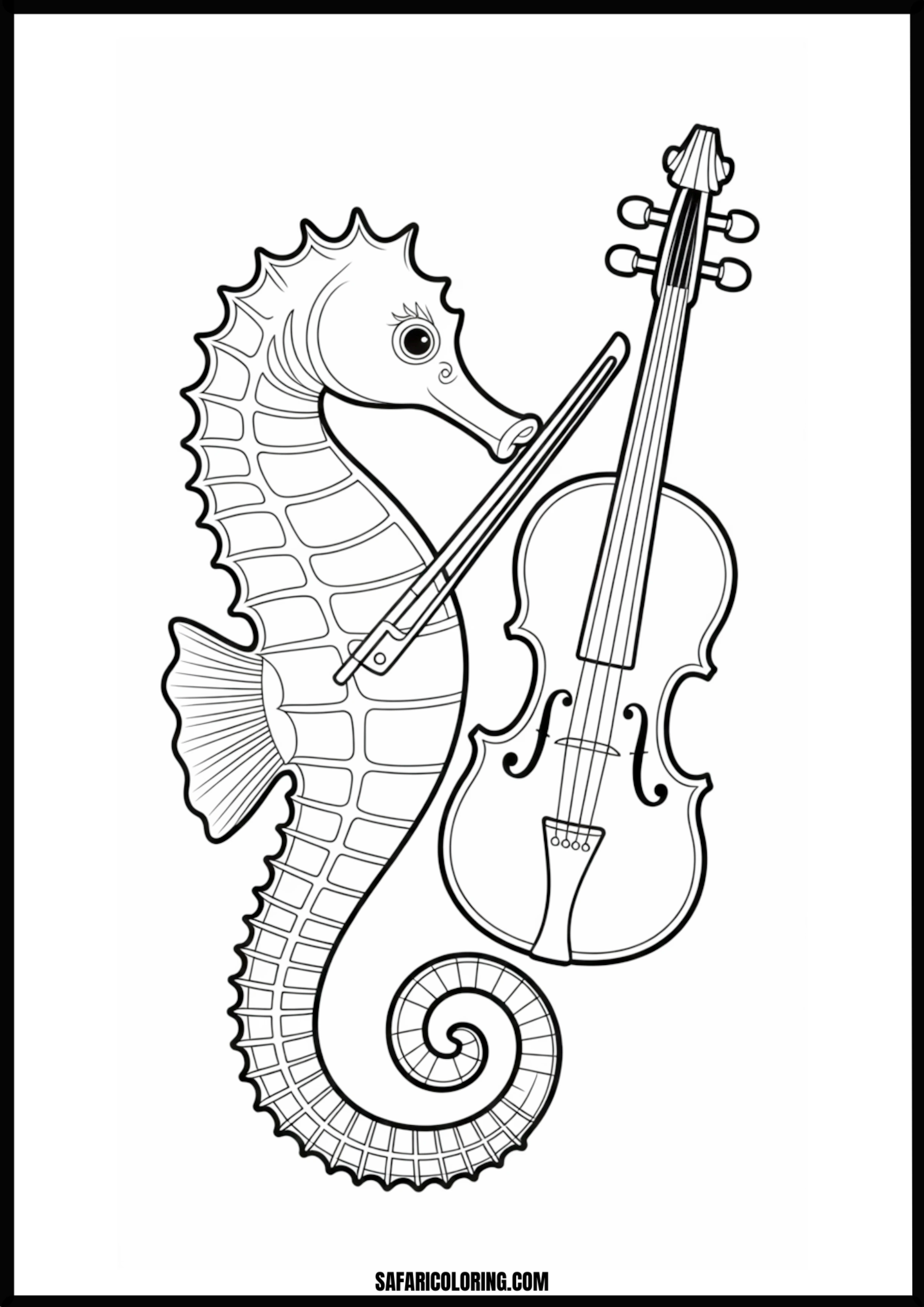 Printable Musical Seahorse Coloring page of a seahorse playing a violin.
