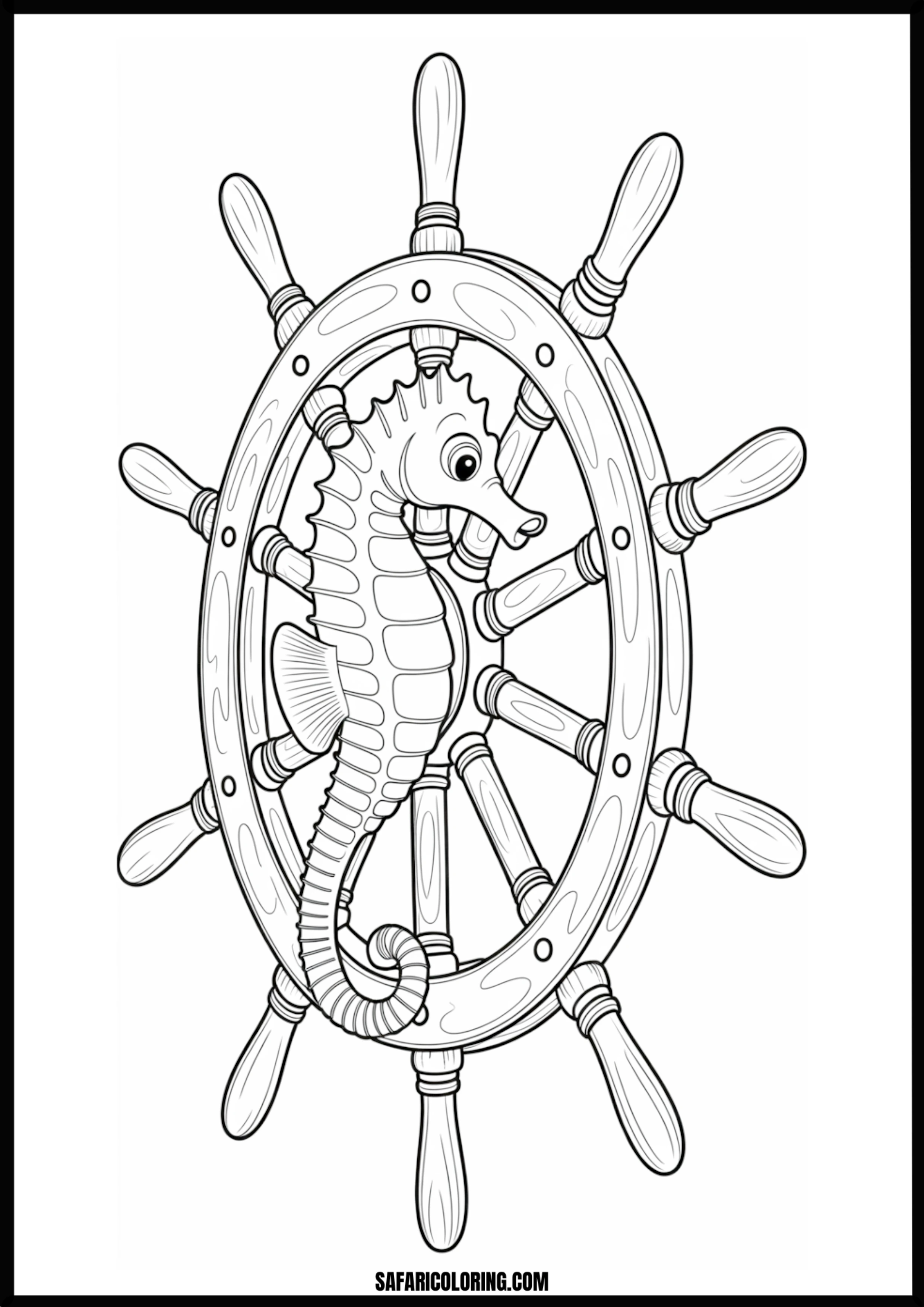Printable Seahorse Ship Captain Coloring page of a seahorse holding a ship's wheel.