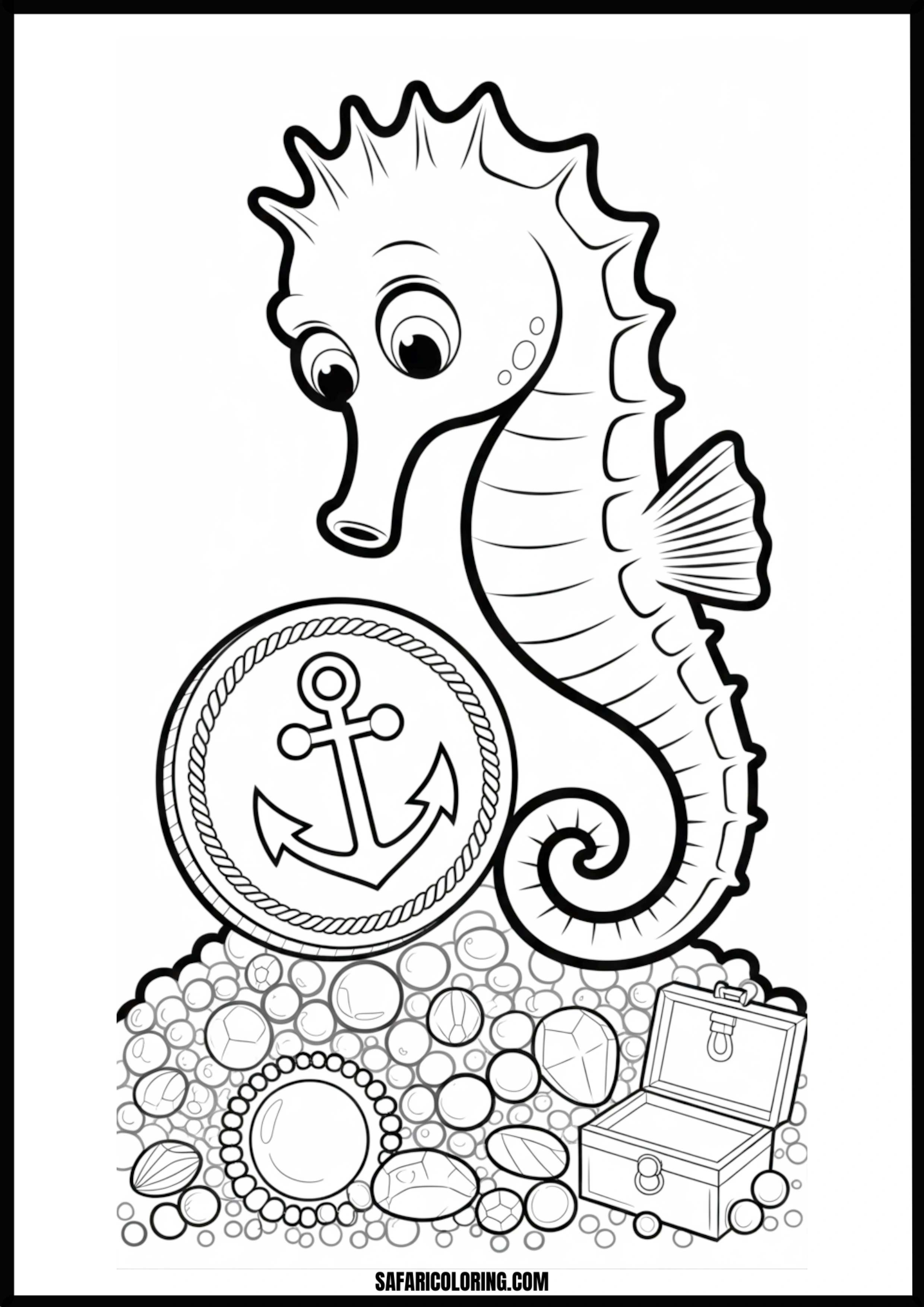 Printable Seahorse Treasure Guard Coloring page of a seahorse guarding a treasure chest with gems.