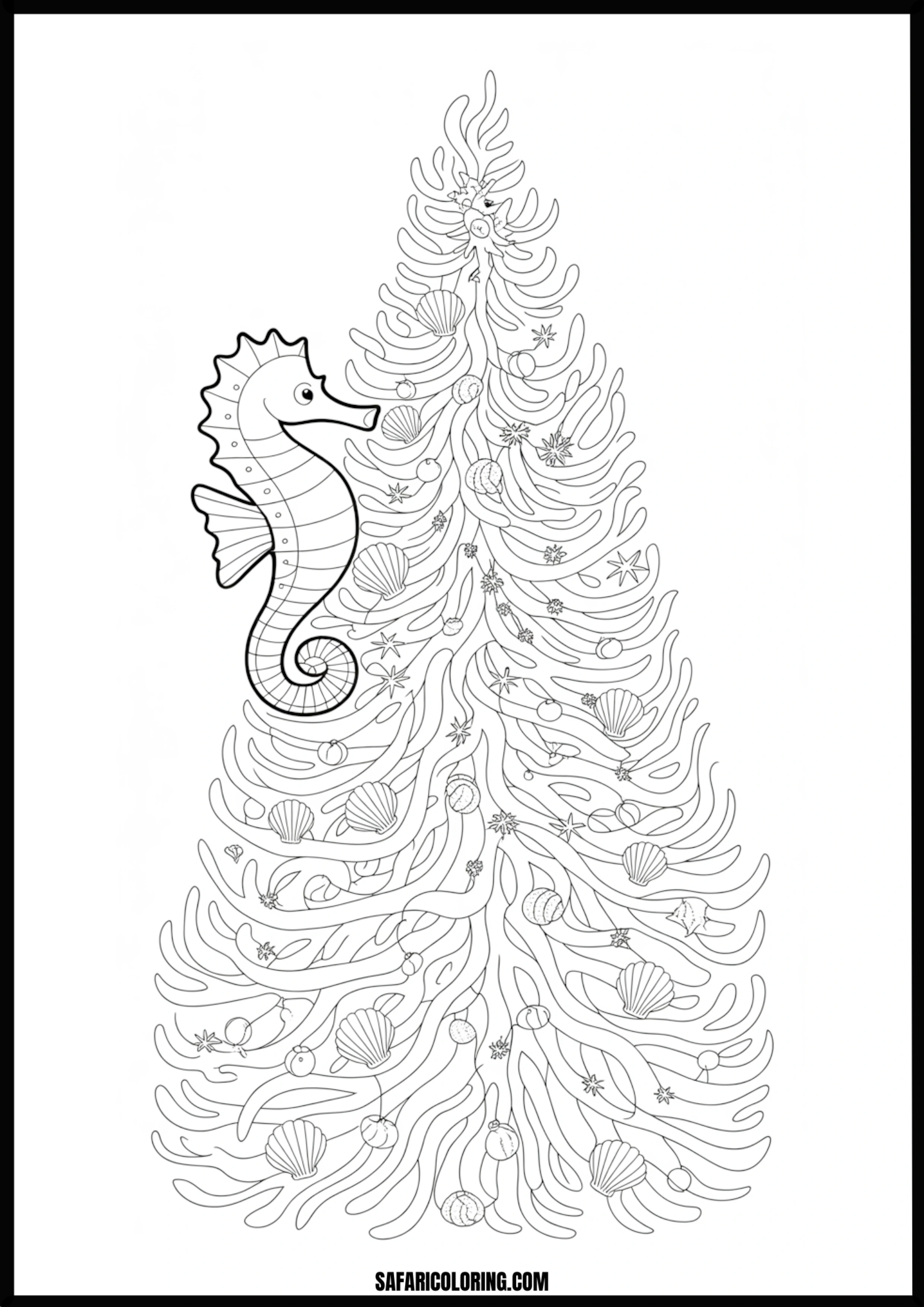 Printable Seahorse Christmas Tree Coloring page of a seahorse with an underwater Christmas tree and shells.