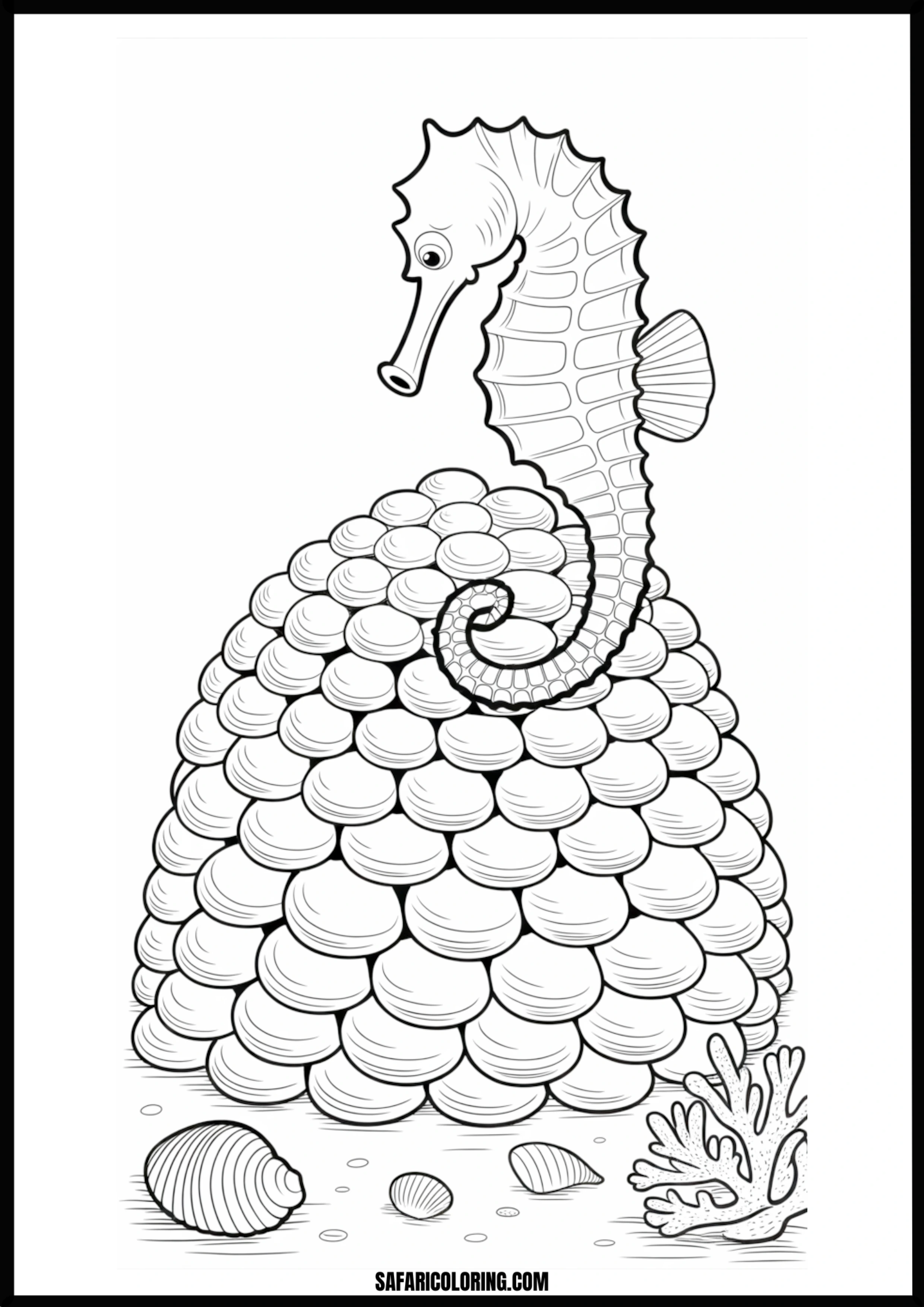 Printable Seahorse and Shells Coloring page of a seahorse wrapped around shells.