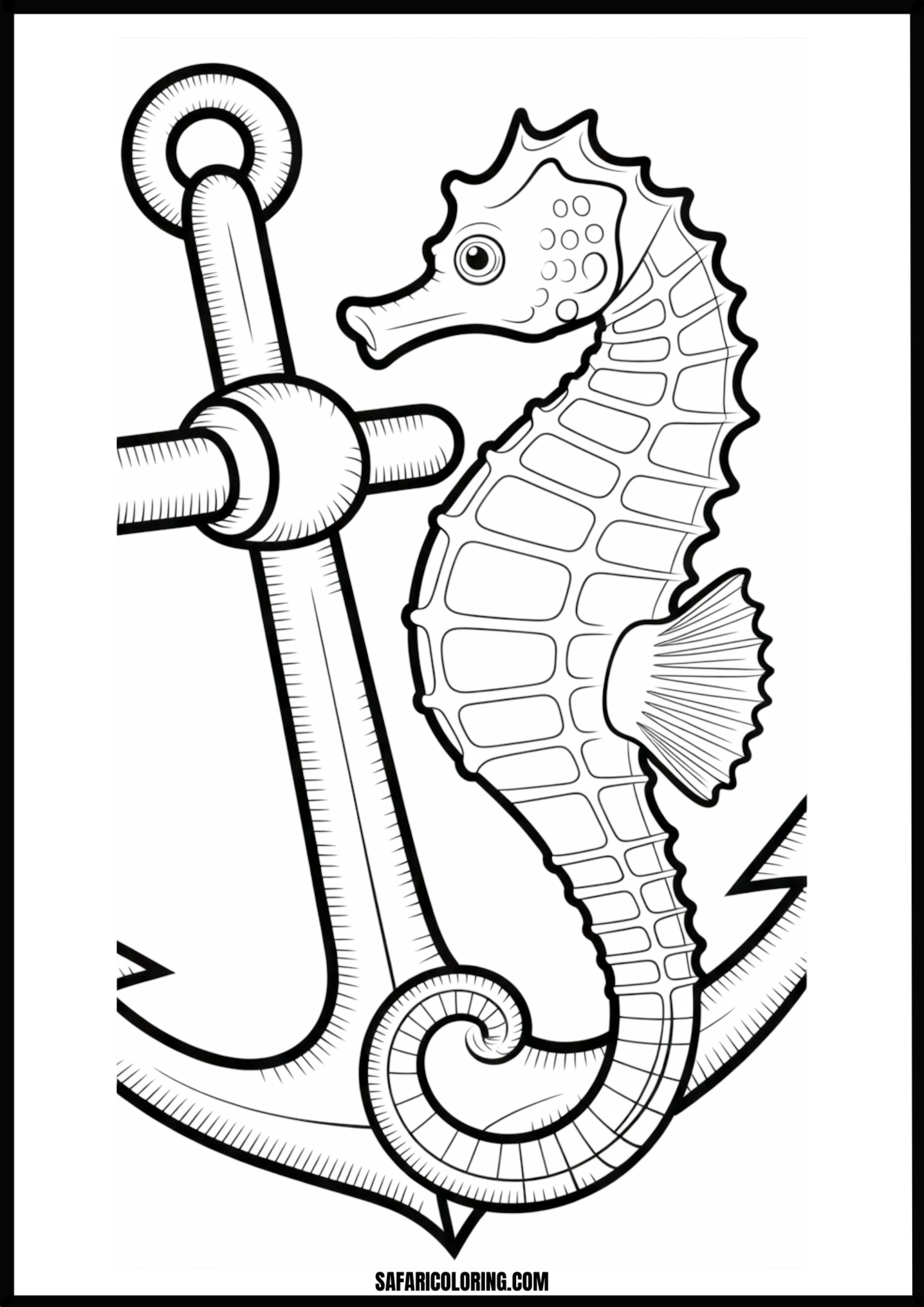 Printable Seahorse and Anchor Coloring page of a seahorse wrapped around a ship's anchor.