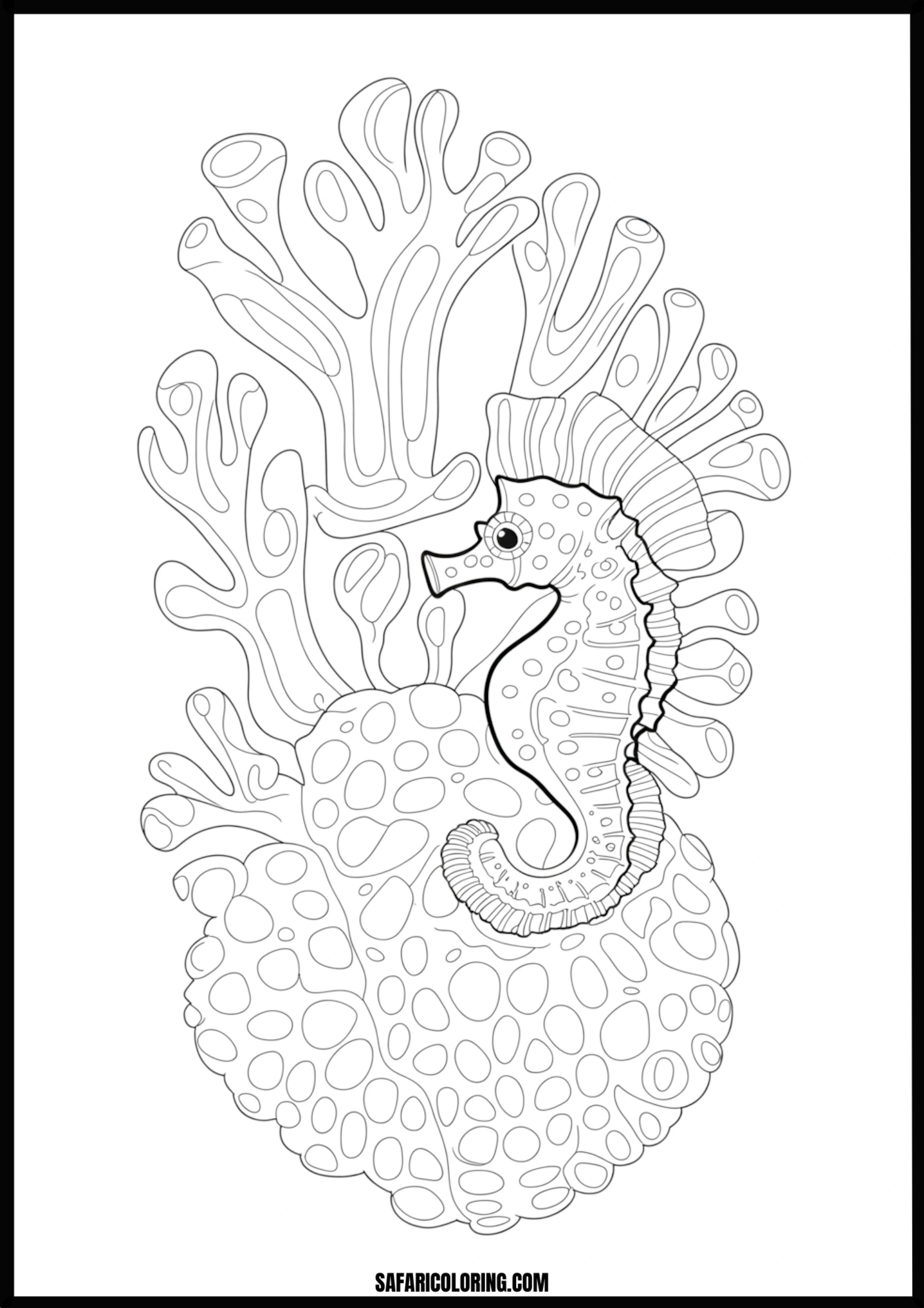Printable Seahorse and Coral Reef Coloring page of a seahorse among vibrant coral.