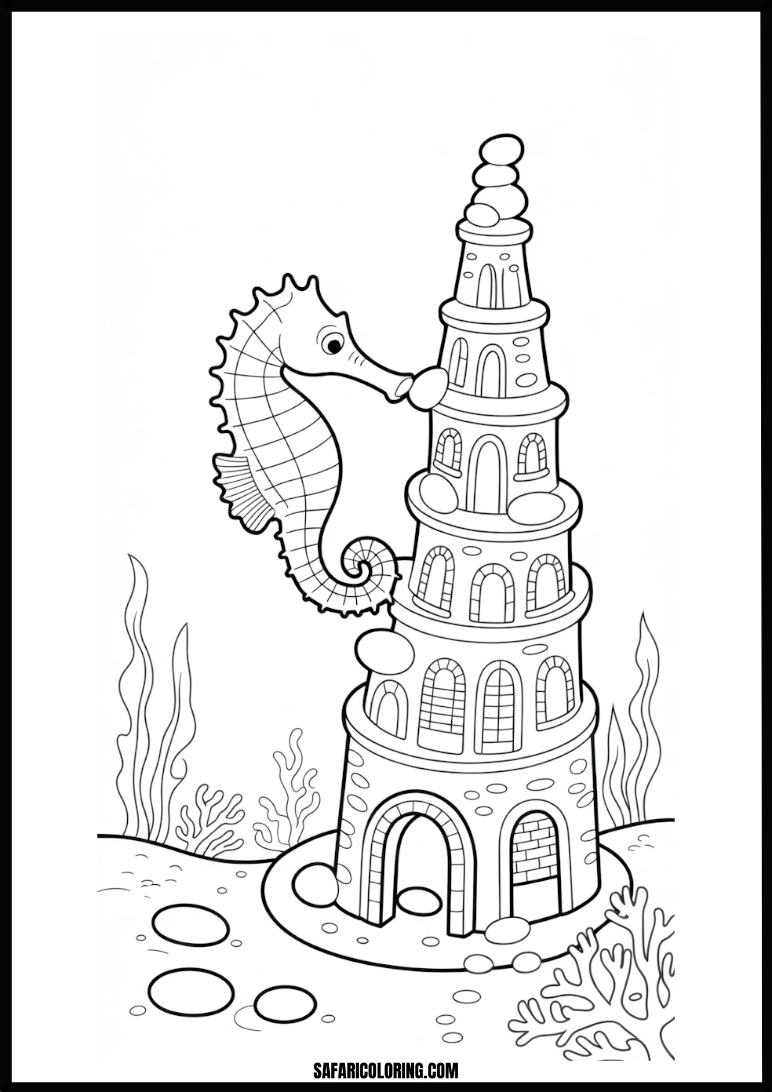 Printable Seahorse and Ocean Castle Coloring page of a seahorse near an ocean castle.