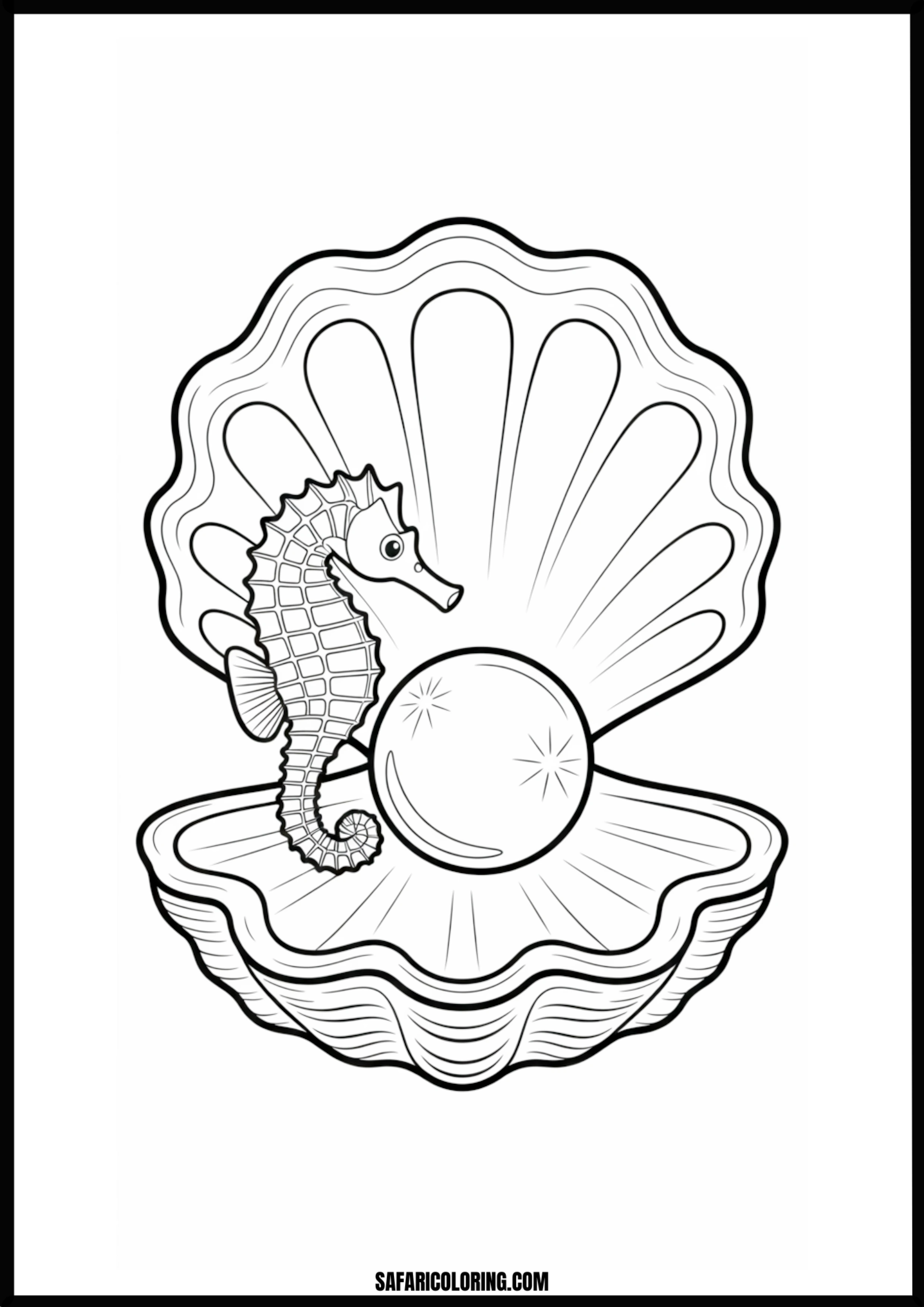 Printable Seahorse and Pearl Coloring page of a seahorse with a pearl in an open shell.