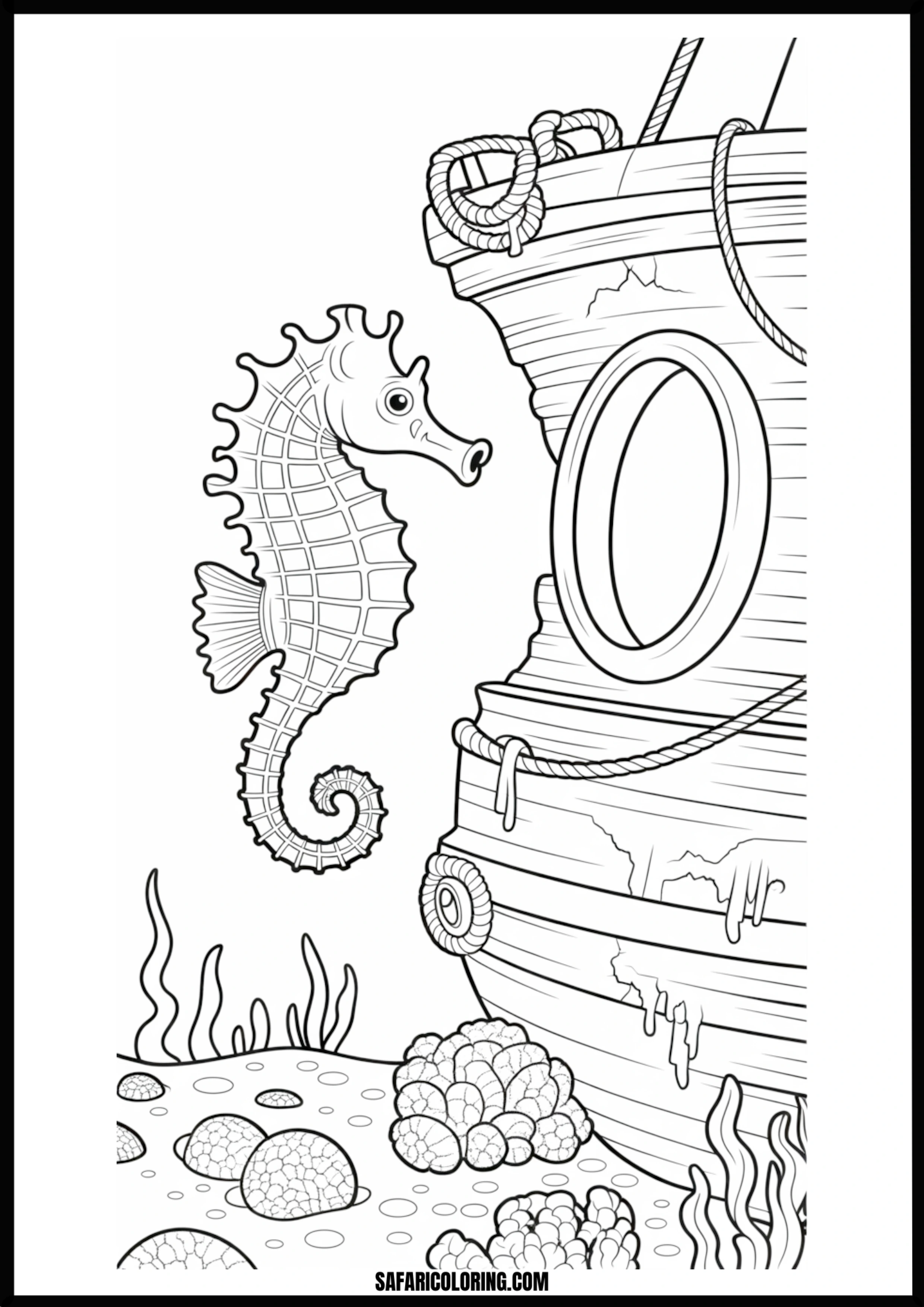 Printable Seahorse and Shipwreck Coloring page of a seahorse exploring a shipwreck underwater.