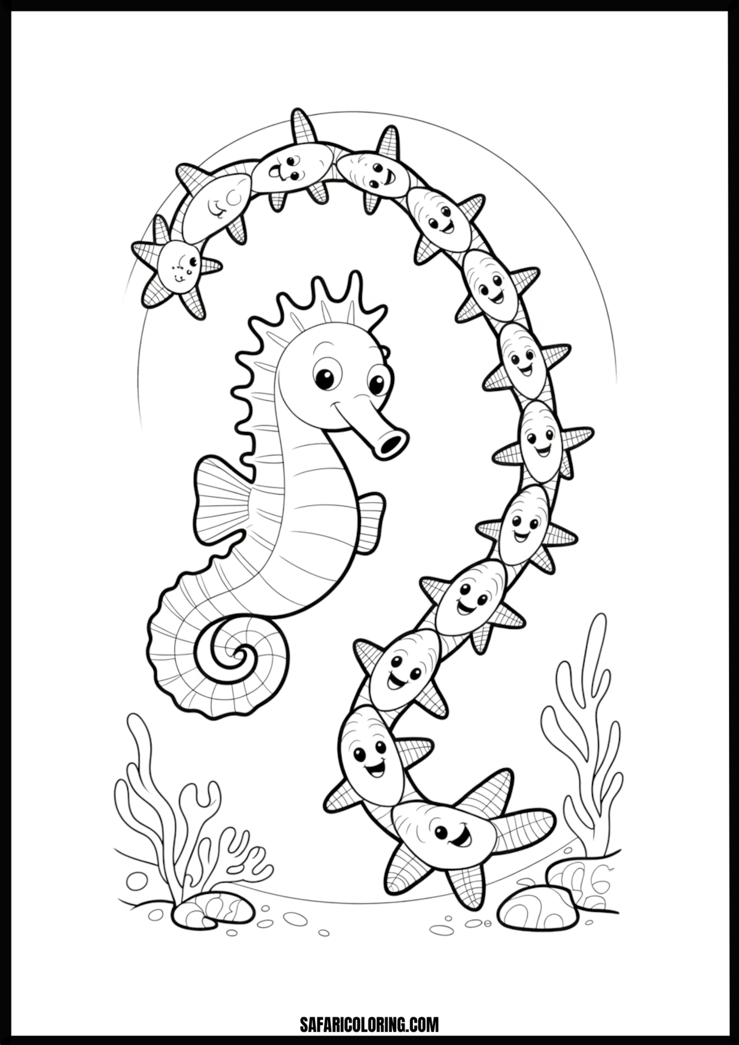 Printable Seahorse and Starfish Chain Coloring page of a seahorse holding a chain of starfish.