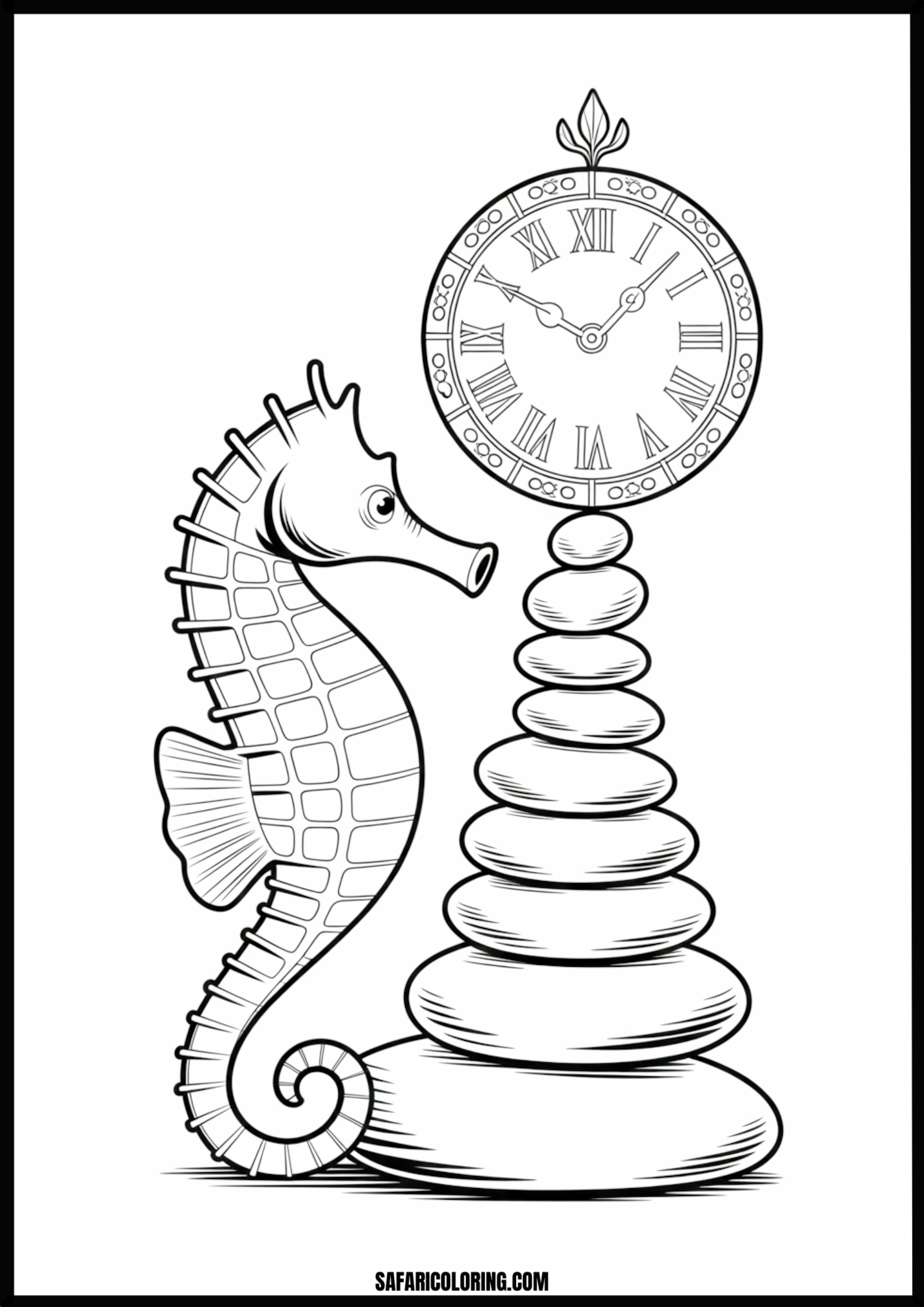 Printable Seahorse and Clock Coloring page of a seahorse and a clock on stacked stones underwater.