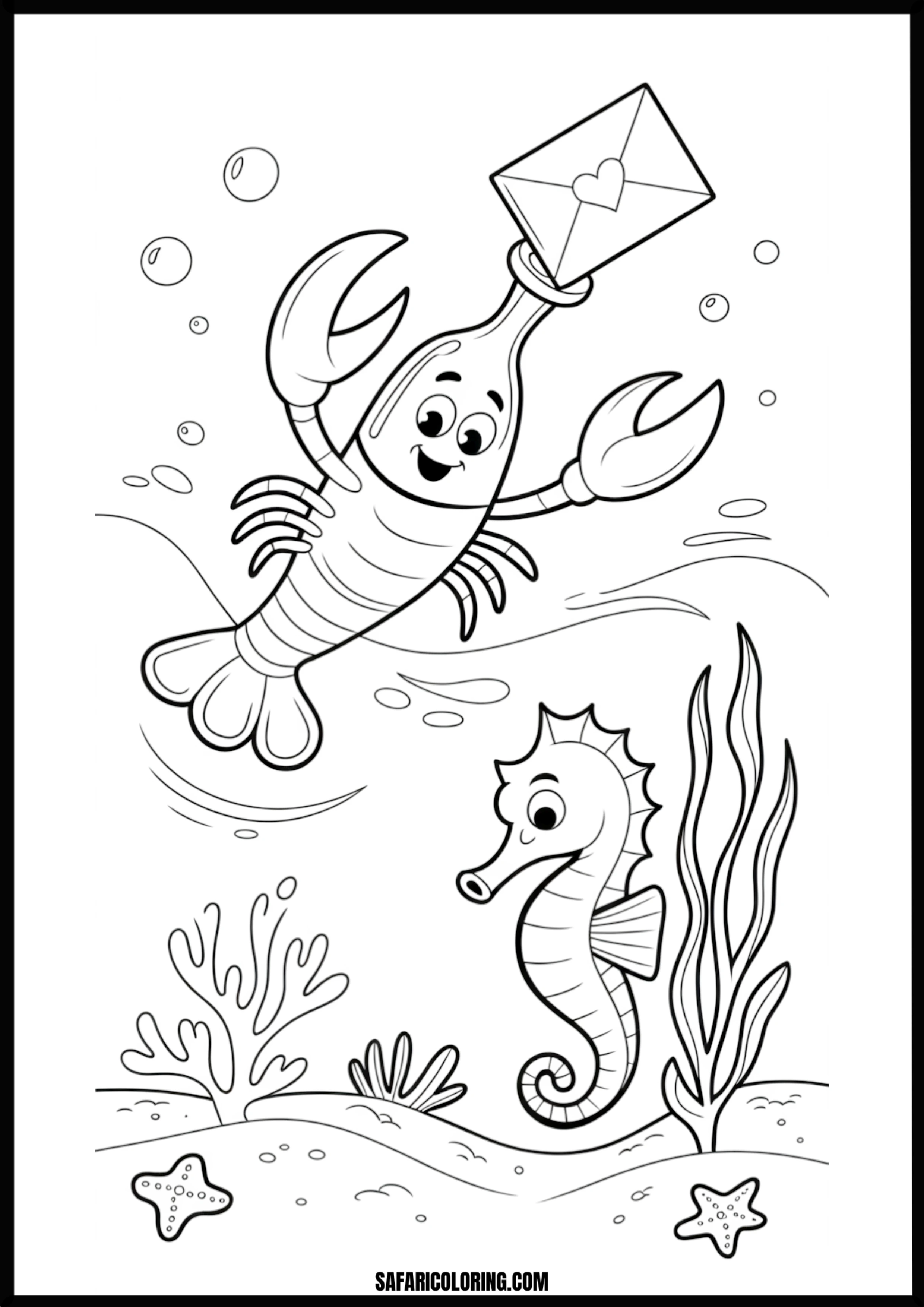 Color the Seahorse and Lobster Message in a Bottle A seahorse and lobster with a message in a bottle.