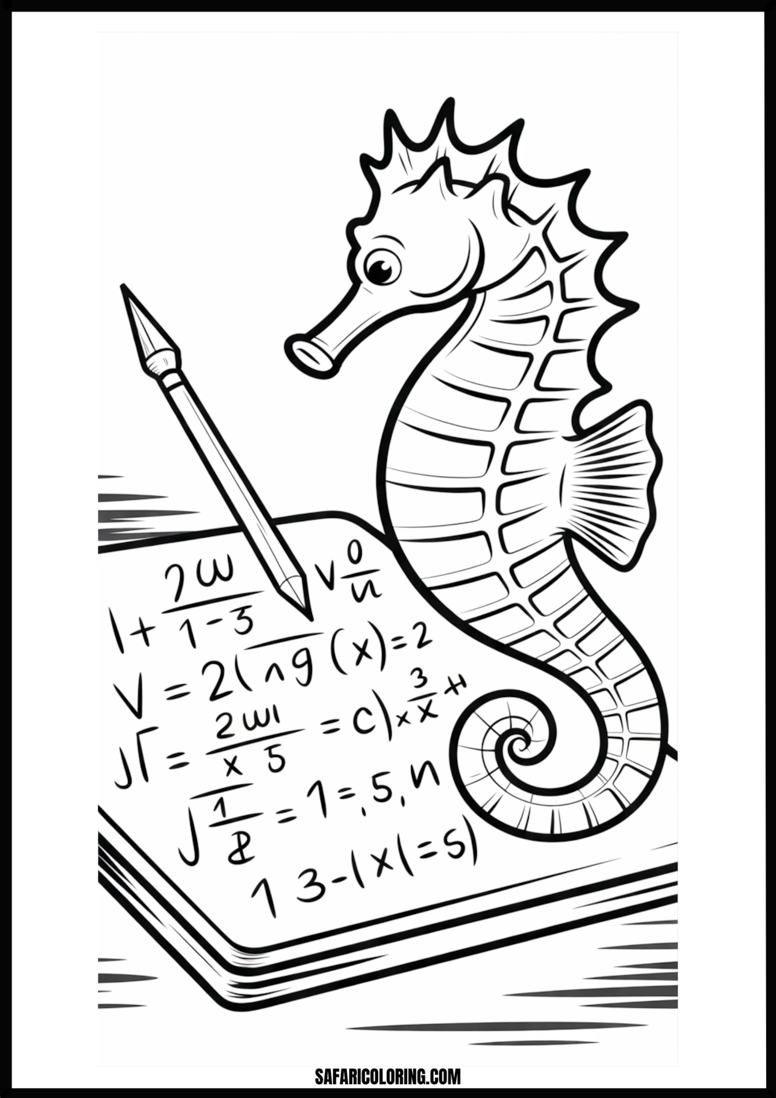 Printable Seahorse Math Student Coloring page of a seahorse doing math homework with an abacus.