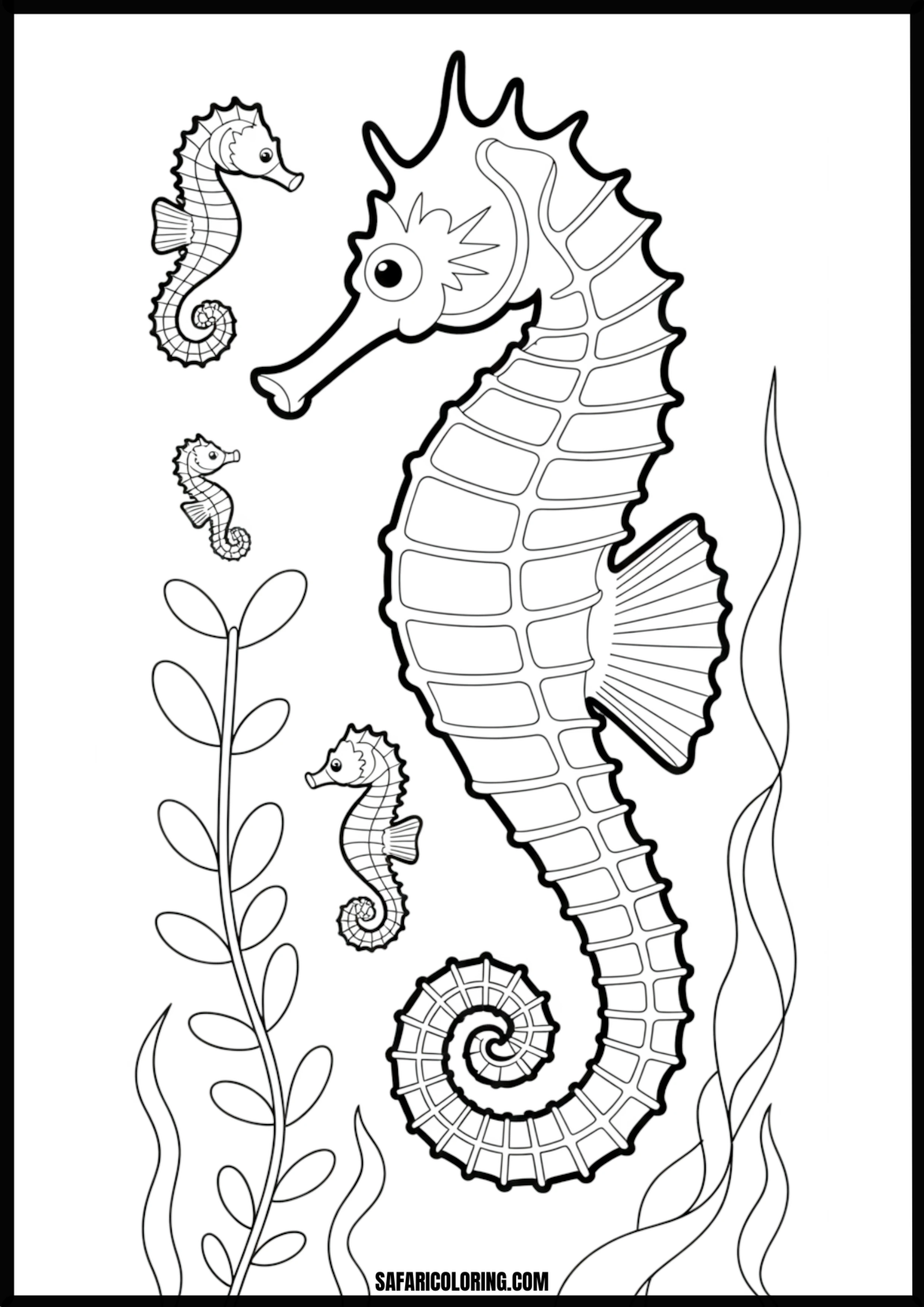Seahorse Family Underwater Coloring Page A seahorse family swimming together in an underwater garden.
