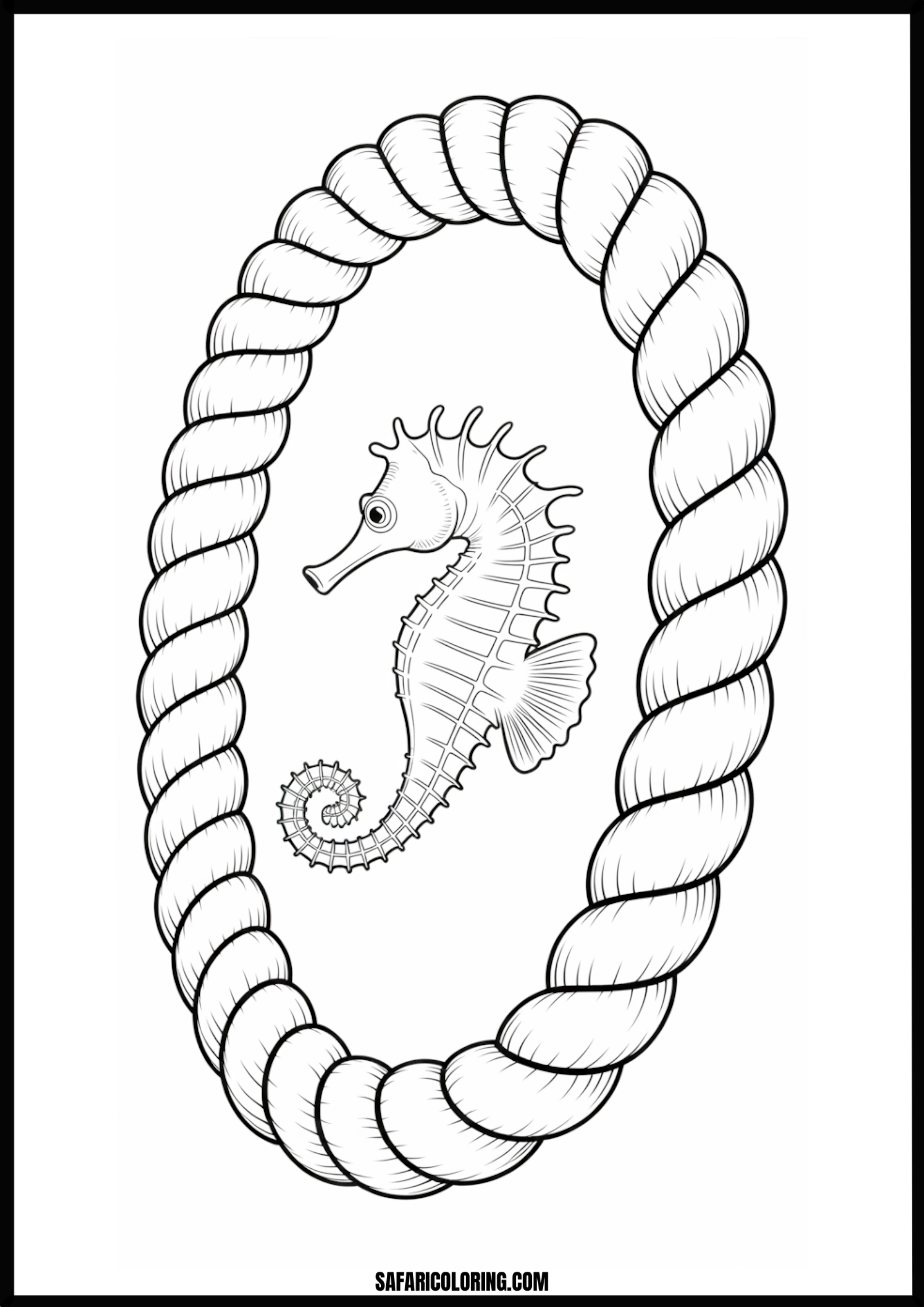 Printable Seahorse in Rope Frame Coloring page of a seahorse inside a rope frame.