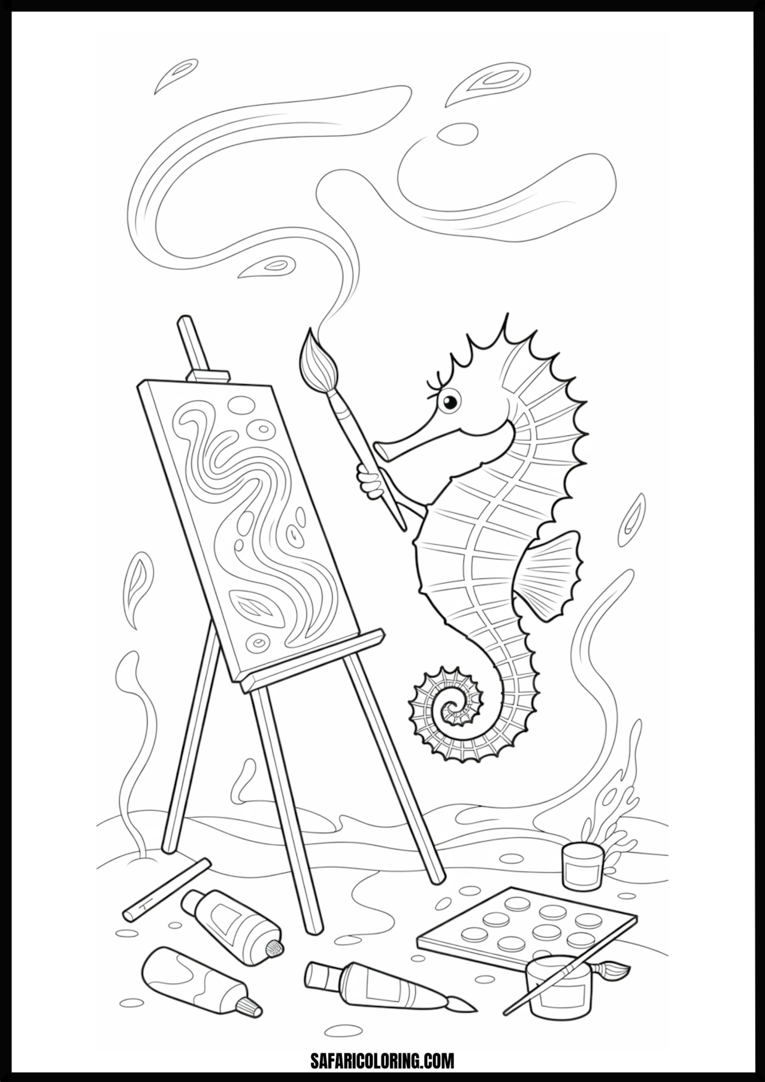 Printable Artistic Seahorse Coloring page of a seahorse painting on an easel.