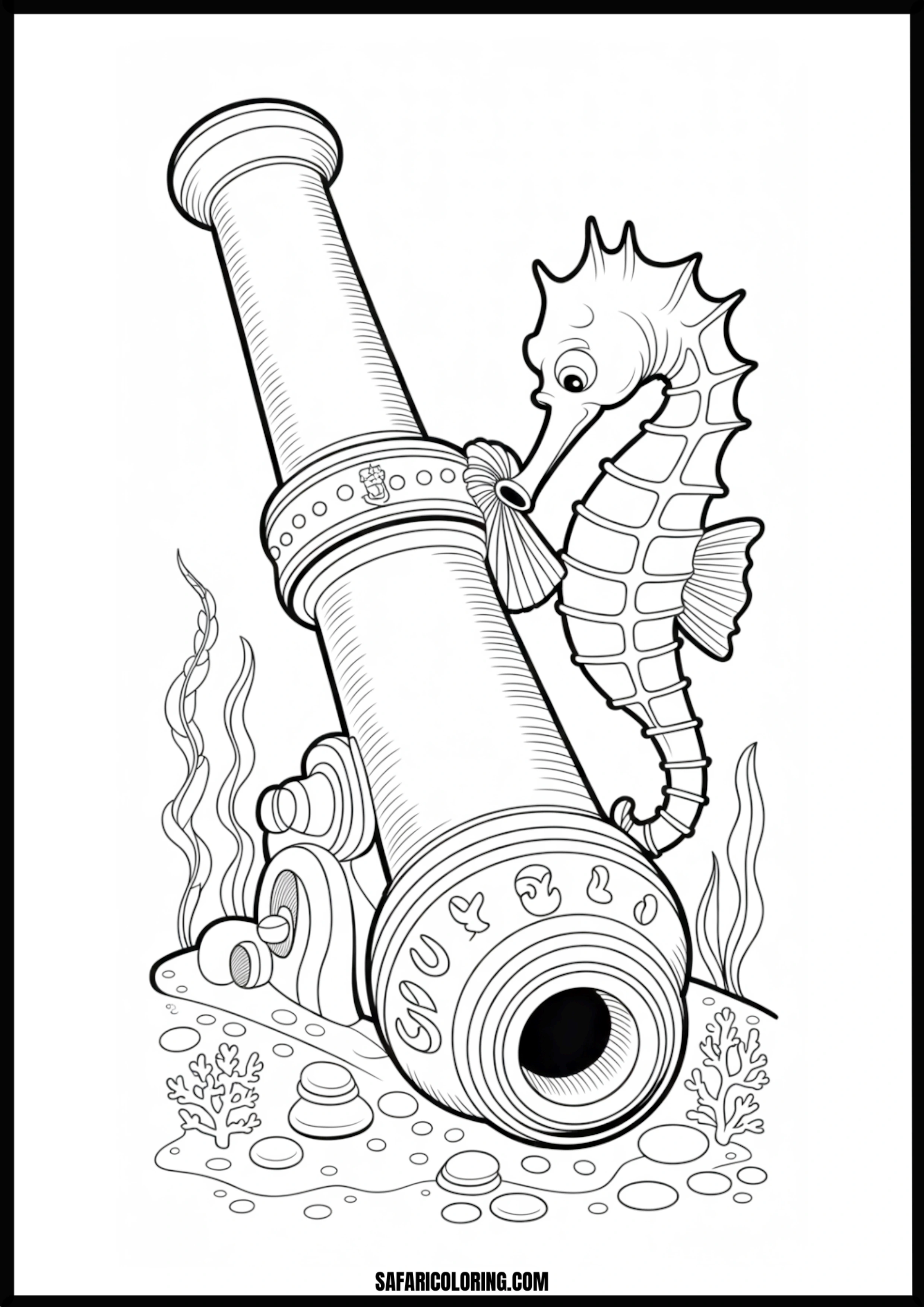 Printable Curious Seahorse and Cannon Coloring page of a seahorse peeking into a cannon.