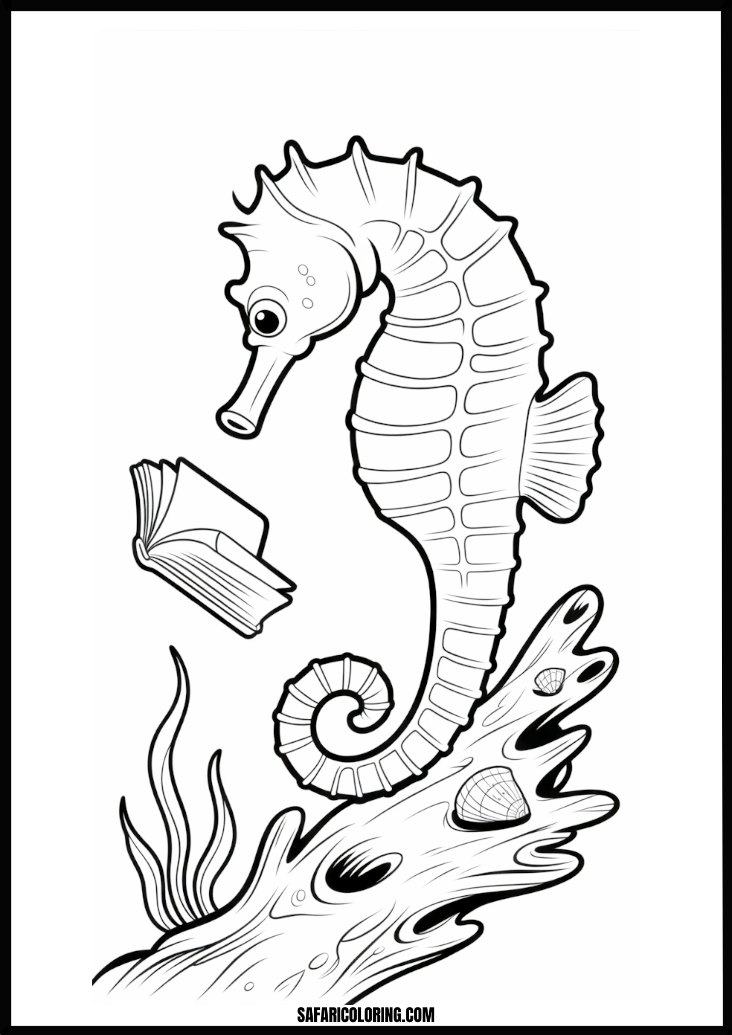 Printable Reading Seahorse Coloring page of a seahorse reading a book.