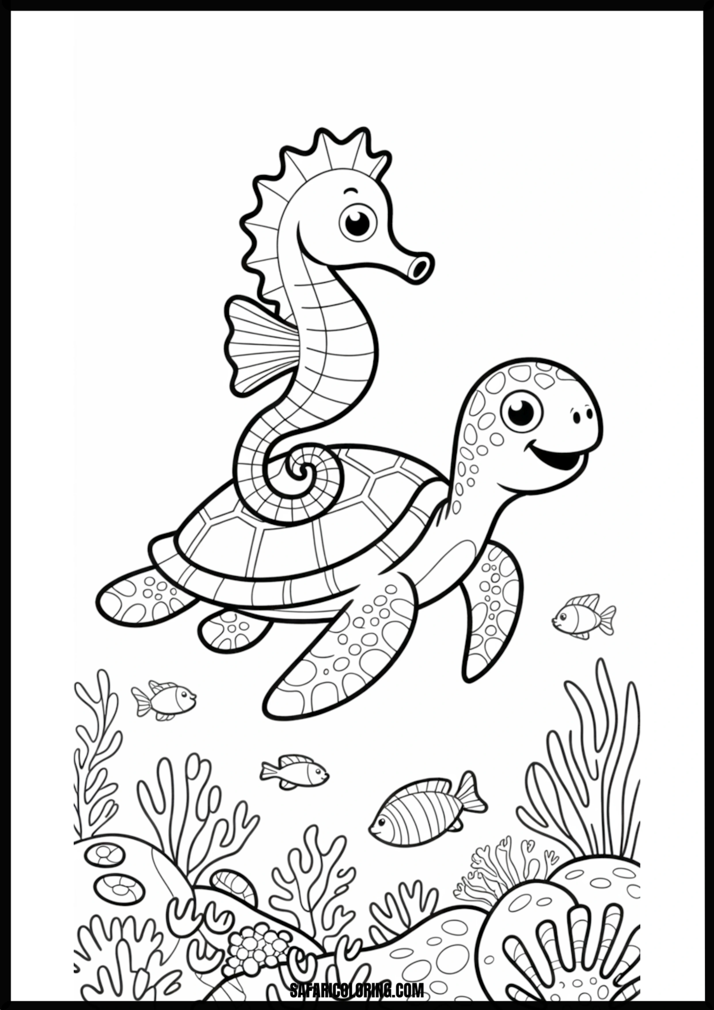 Seahorse Riding Sea Turtle Underwater Coloring Page A seahorse riding on the back of a sea turtle underwater.