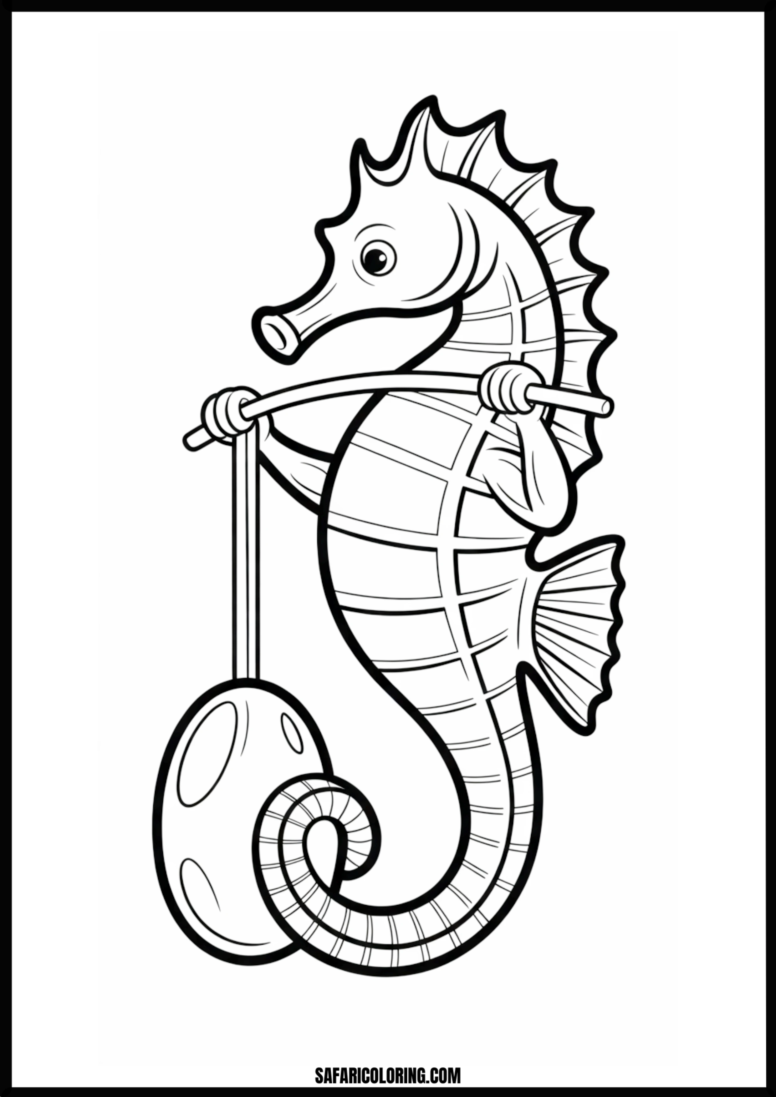 Printable Seahorse Unicyclist Coloring page of a seahorse riding a unicycle.
